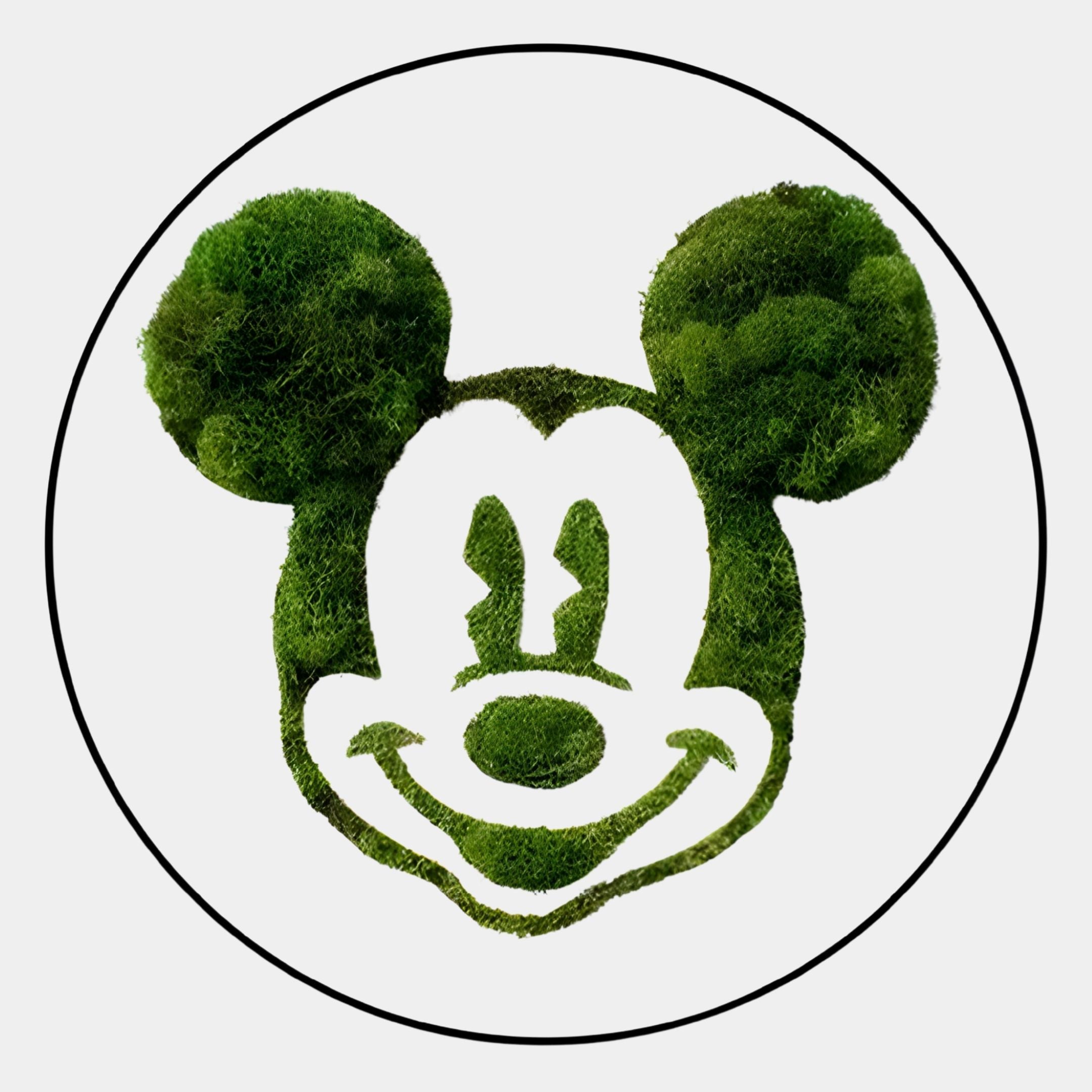 The Verdifable Round Green Mouse Silhouette Moss 3D Wall Art by Giant Sculptures features a playful cartoon mouse head in lush moss, outlined in black and set against white in a bold black circle—striking Nordic decor for any space.
