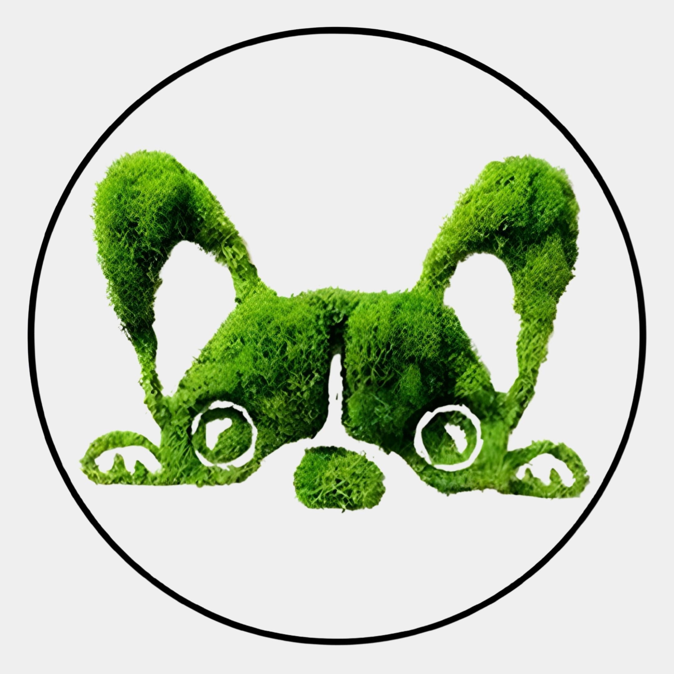 The Verdifable Round Green Puppy Ears Moss 3D Wall Art by Giant Sculptures features a circular logo with a textured green dog face, moss-like material, expressive ears and eyes, outlined in black on white.