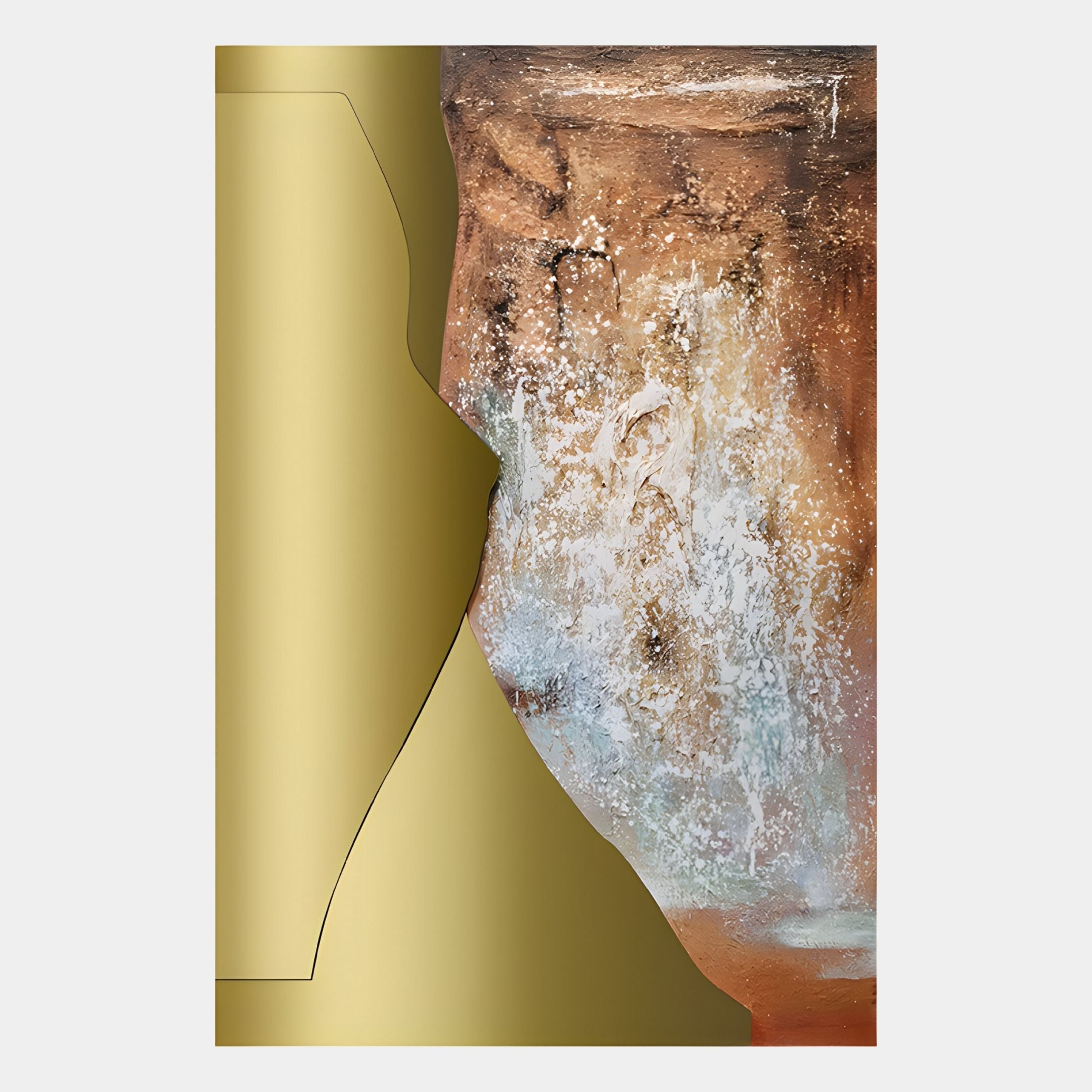 The Aurivara Gold Metal & Earth Textured Abstract 3D Wall Art by Giant Sculptures features a gold geometric form on the left and an earth-toned, stone-like texture with white, brown, and blue hues blending on the right.