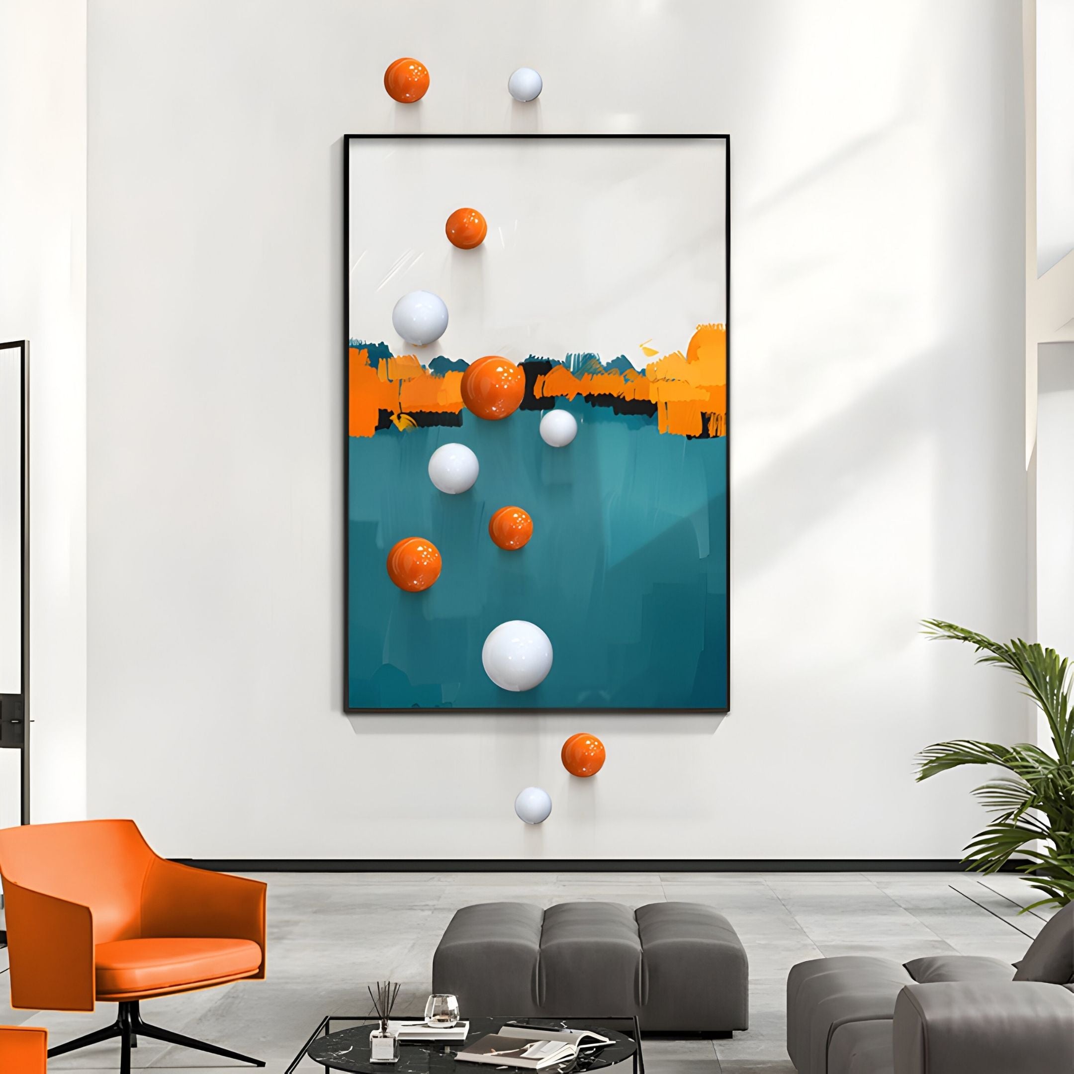 A modern living room with gray sofas, an orange chair, a green plant, and the Aerisphere Abstract Drift Vertical 3D Wall Art With Metal Balls by Giant Sculptures in blue, orange, and white. Orange and white metal balls accent the vertical decor.