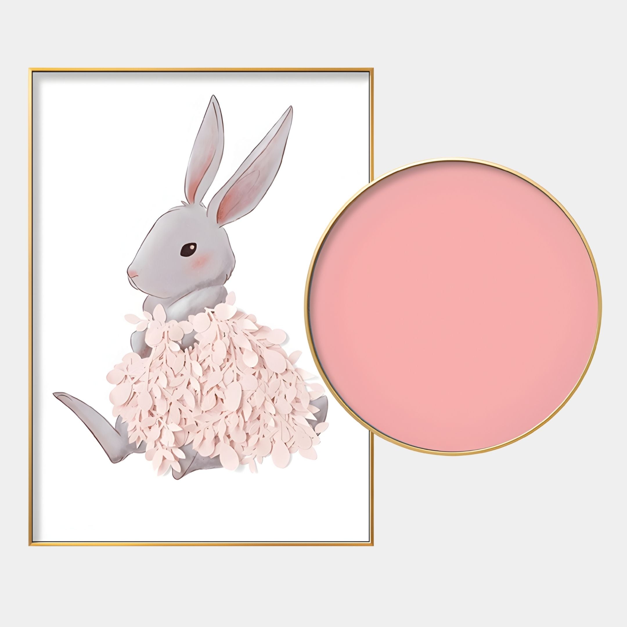 Blossomkin Pink Petal Bunny Kids 3D Wall Art by Giant Sculptures features a gray bunny in a pink floral skirt, ideal as bunny nursery decor and displayed with a round pastel pink sample on a light background.