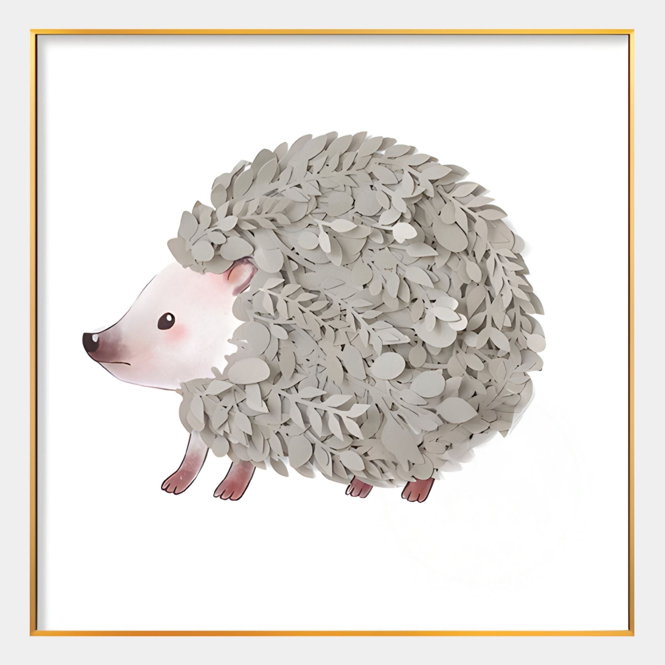 Blossomkin Hedgehog 3D Floral Wall Art by Giant Sculptures features a pink-faced hedgehog with layered gray leaf-like shapes and a gold-bordered white background—ideal nursery decor or unique 3D floral wall art for any room.