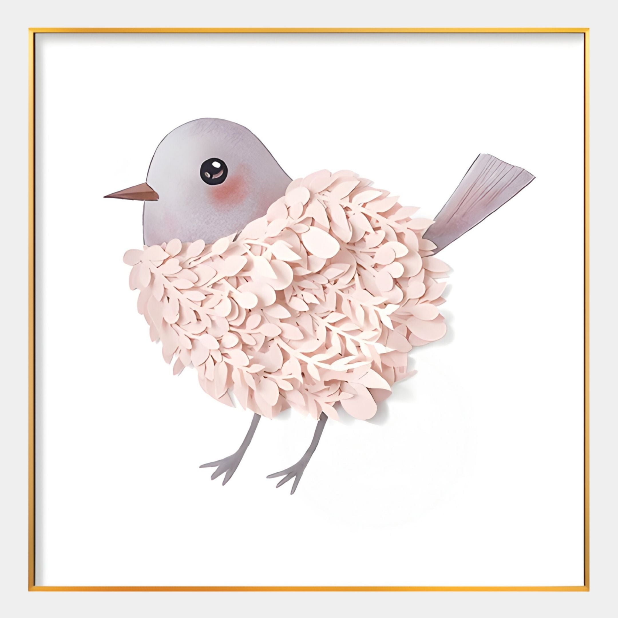 The Blossomkin Bird 3D Floral Wall Art by Giant Sculptures features a cute, petal-feathered bird with shiny eyes in a gold frame—an adorable piece of Scandinavian-inspired décor for whimsical nursery walls.