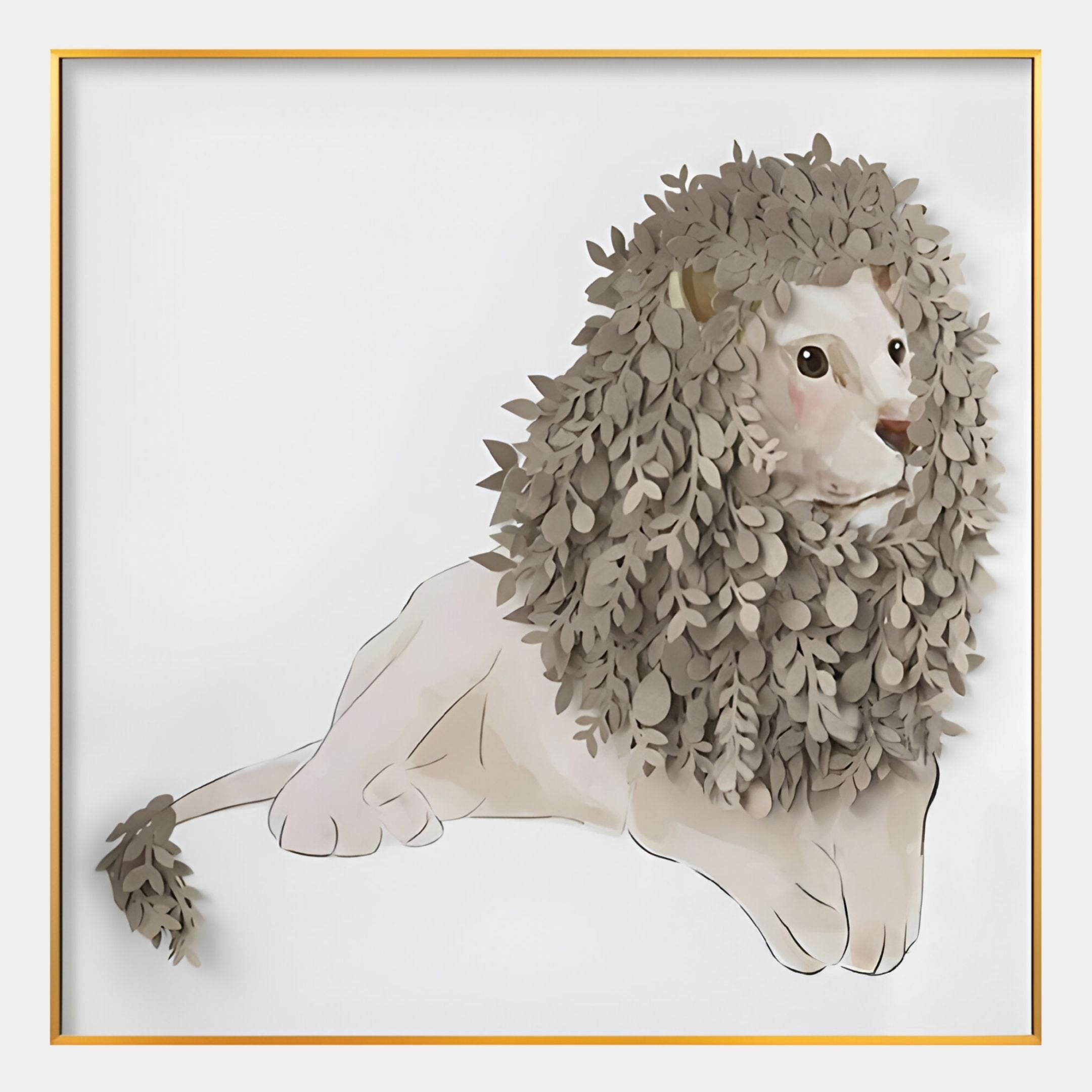 Blossomkin Lion 3D Floral Wall Art by Giant Sculptures features a stylized lion with a layered paper leaf mane, set against a white background in a gold frame—ideal as charming nursery decor or playful children’s room wall art.