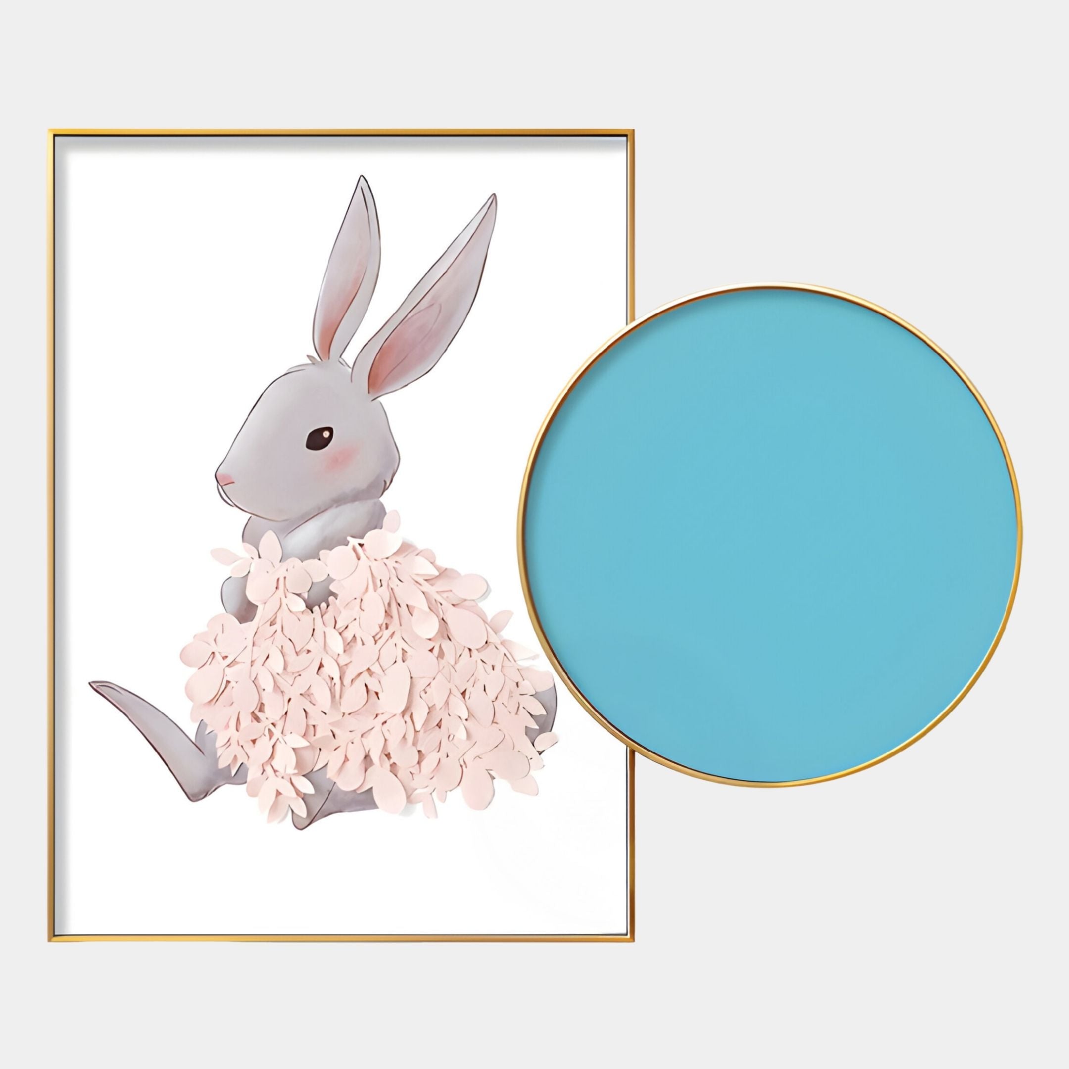 Blossomkin Blue Petal Bunny Kids 3D Wall Art by Giant Sculptures features a rabbit in a pink floral coat beside a turquoise, gold-edged frame—an ideal bunny nursery decor or children’s room wall art accent.