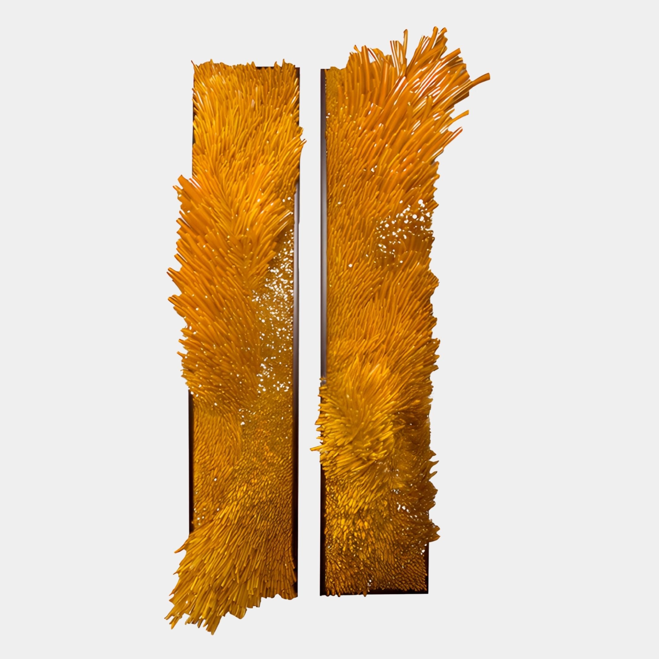 Giant Sculptures’ Bristella Sunburst Gold Textured 2-Panel 3D Wall Art features two tall panels with dense, upright rods, creating dynamic texture and striking contemporary decor when displayed side by side on any wall.