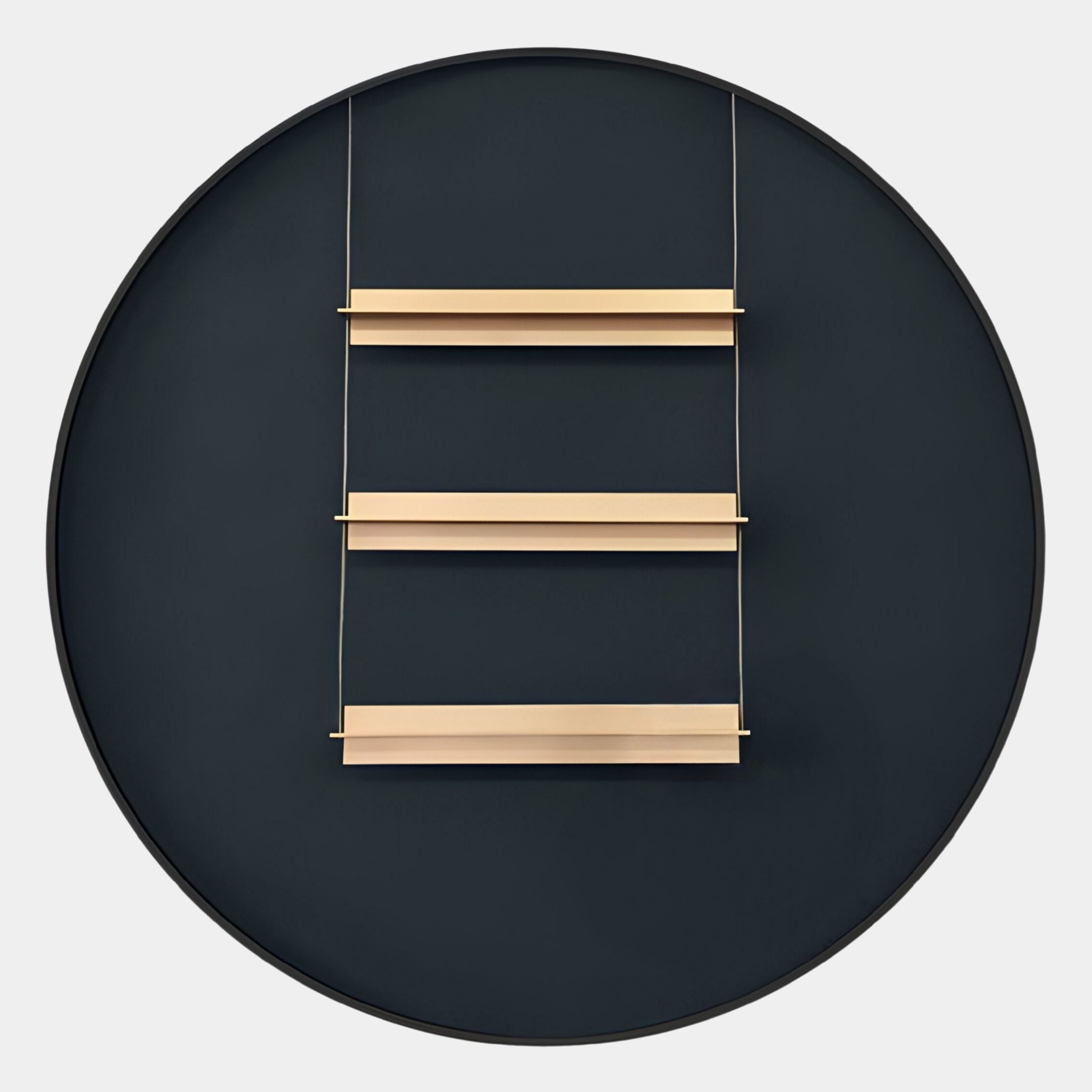The Straylight Charcoal Black Tiered Bar Round 3D Wall Art by Giant Sculptures features three evenly spaced gold shelves suspended by thin wires on a modern black circular backdrop.
