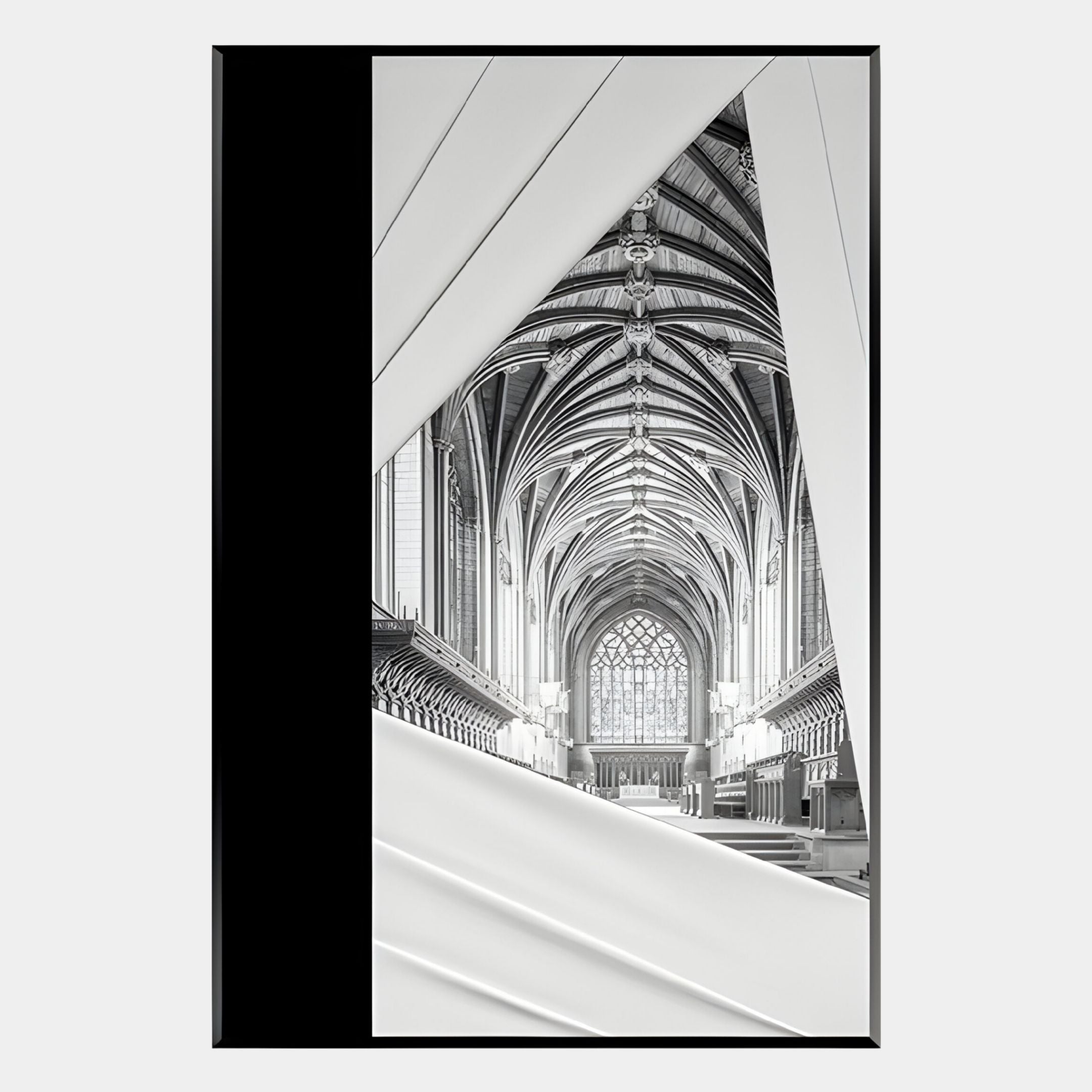 Arclustre Black & White Cathedral Vault 3D Wall Art by Giant Sculptures features a black and white Gothic cathedral interior seen through layered diagonal panels, creating a striking modern architectural decor piece.