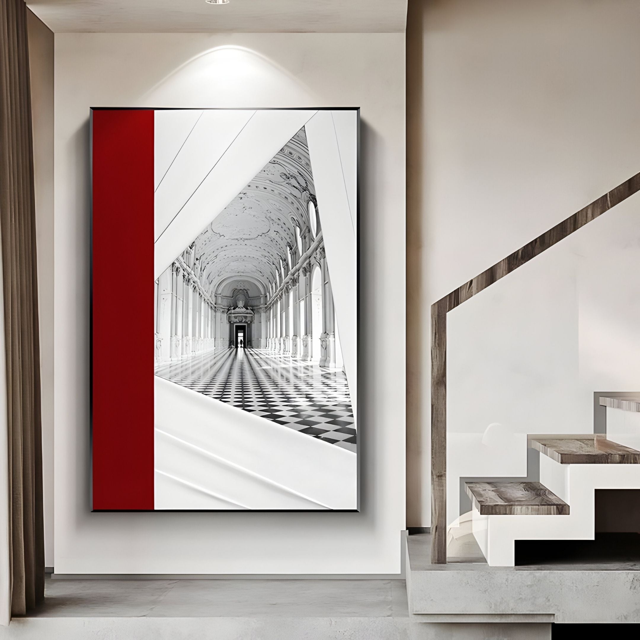 The Arclustre Red & White Grand Hall Perspective 3D Wall Art by Giant Sculptures hangs by a staircase, showcasing a black-and-white hallway with arches and checkered floor, framed by striking white and red geometric shapes.
