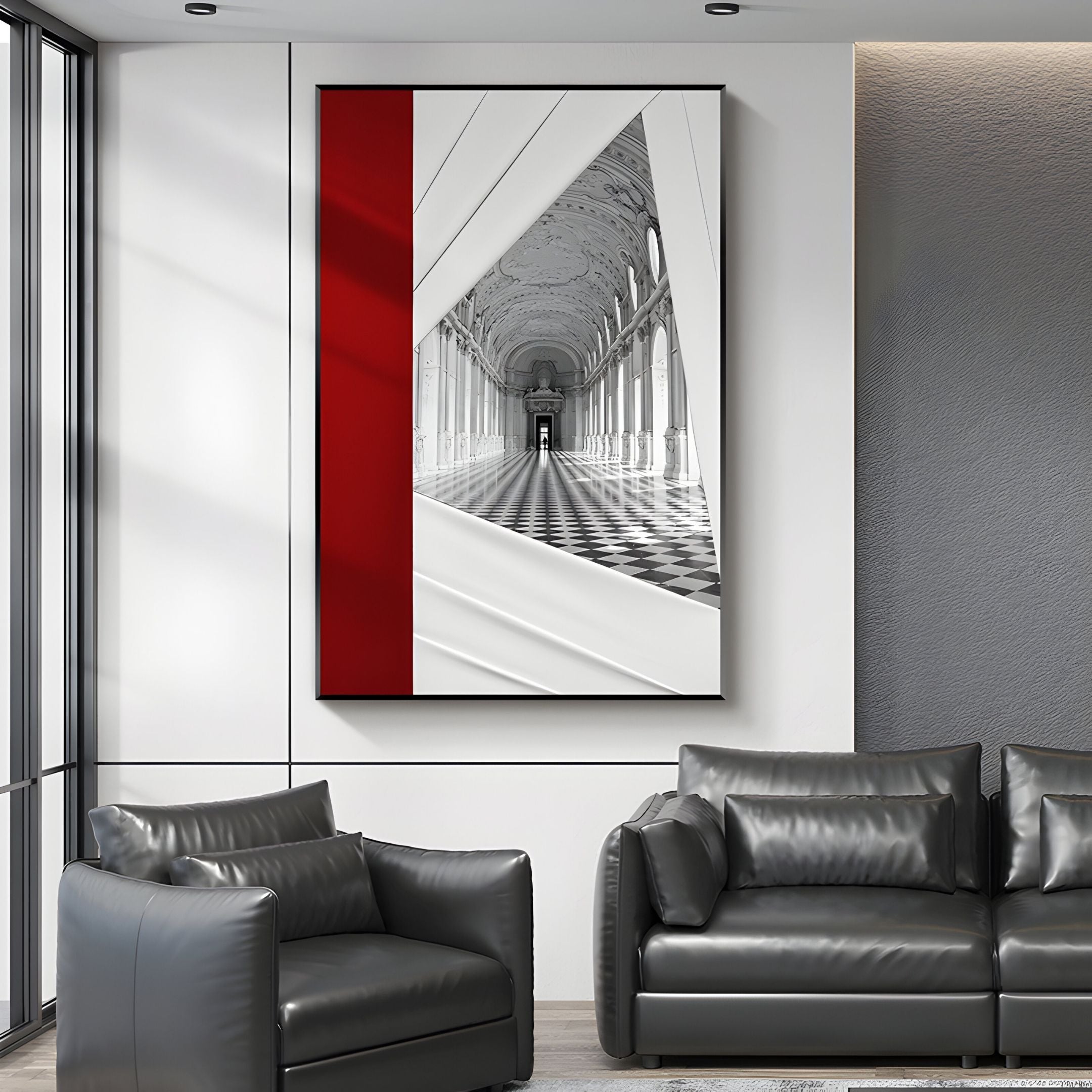 A modern living room showcases gray leather sofas and the Arclustre Red & White Grand Hall Perspective 3D Wall Art by Giant Sculptures, featuring contemporary red, white geometric shapes and a black-and-white grand corridor photo.