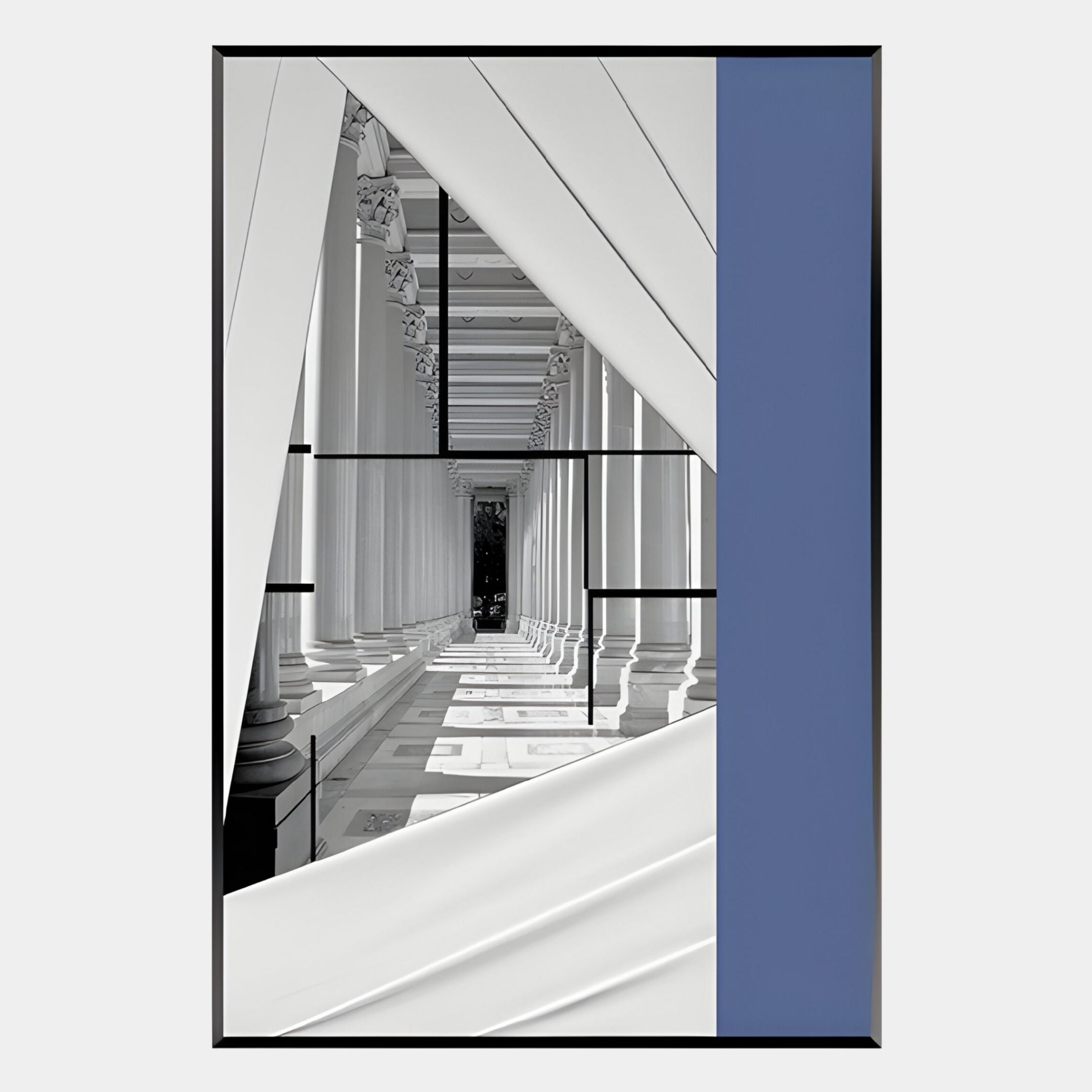 Arclustre Blue & White Classical Column Passage 3D Wall Art by Giant Sculptures features receding white columns, geometric shapes in blue and white, and intersecting black lines—perfect for adding a modern touch to contemporary interiors.
