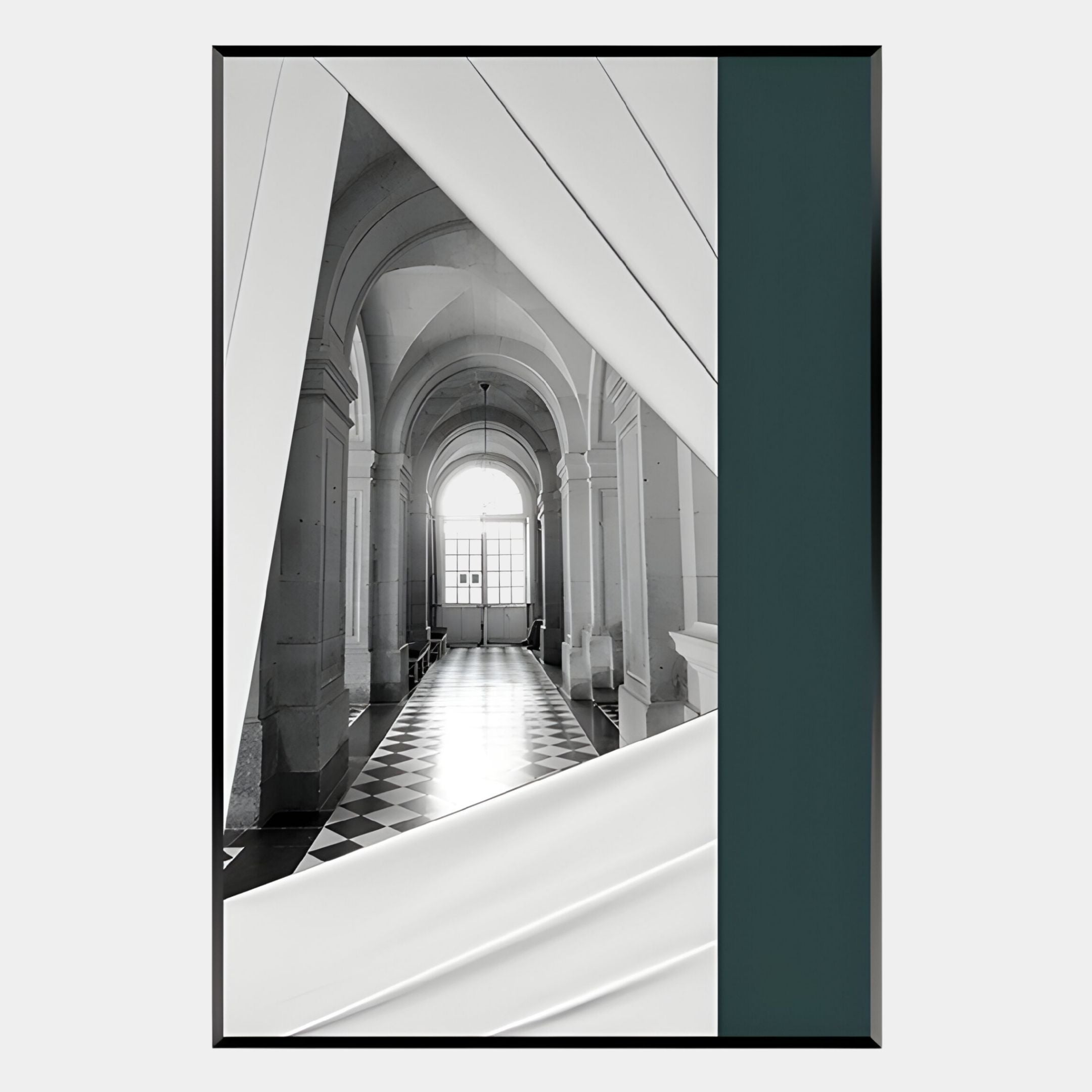 The Arclustre Teal & White Archway Perspective 3D Wall Art by Giant Sculptures features a black-and-white arched hallway with checkered floors, accented by diagonal white shapes and a vertical dark green stripe, illuminated by window light.