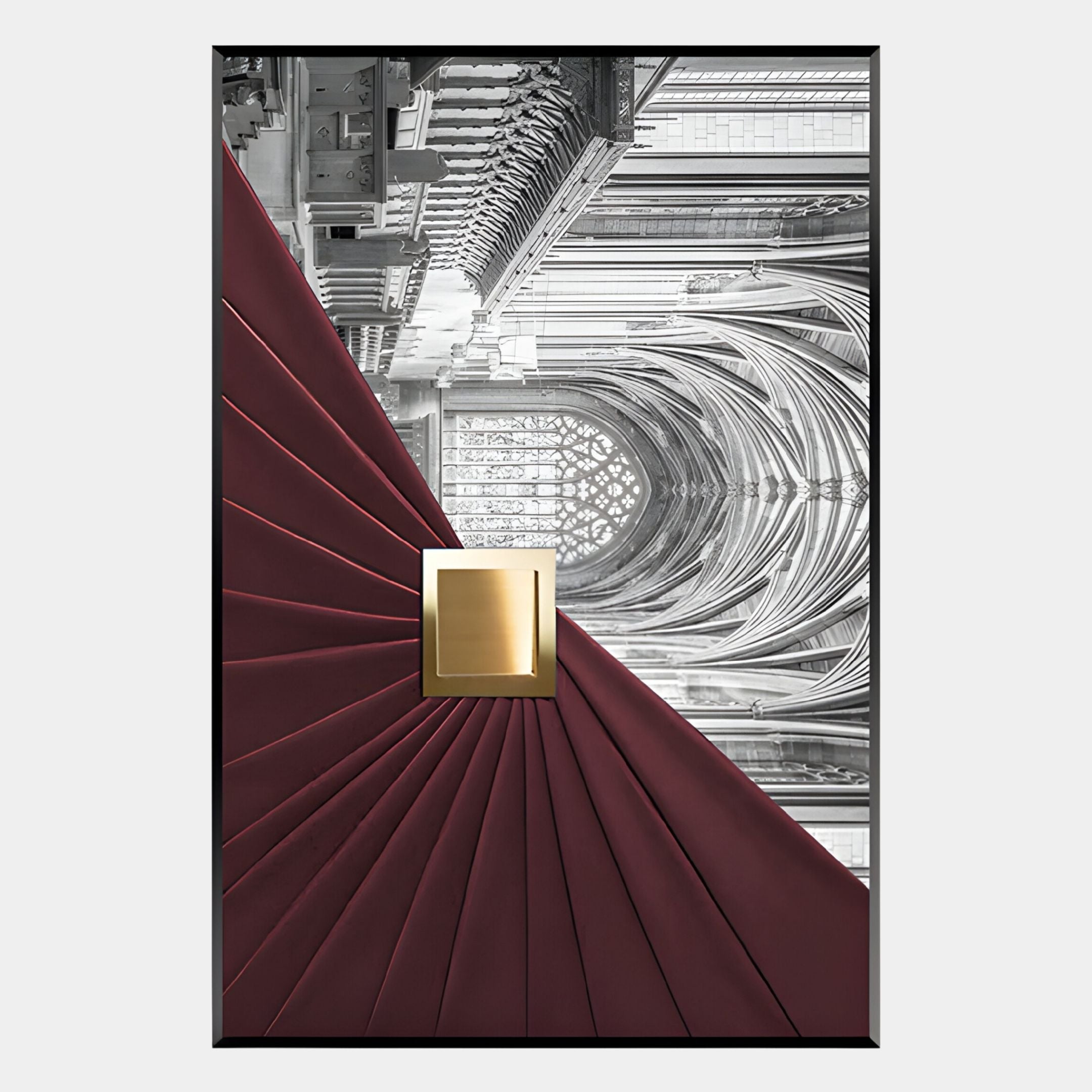 The Arclustre Burgundy Pleated Leather Architectural 3D Wall Art by Giant Sculptures features geometric burgundy panels and a gold handle, set against a black-and-white cathedral ceiling for an elegant architectural accent.