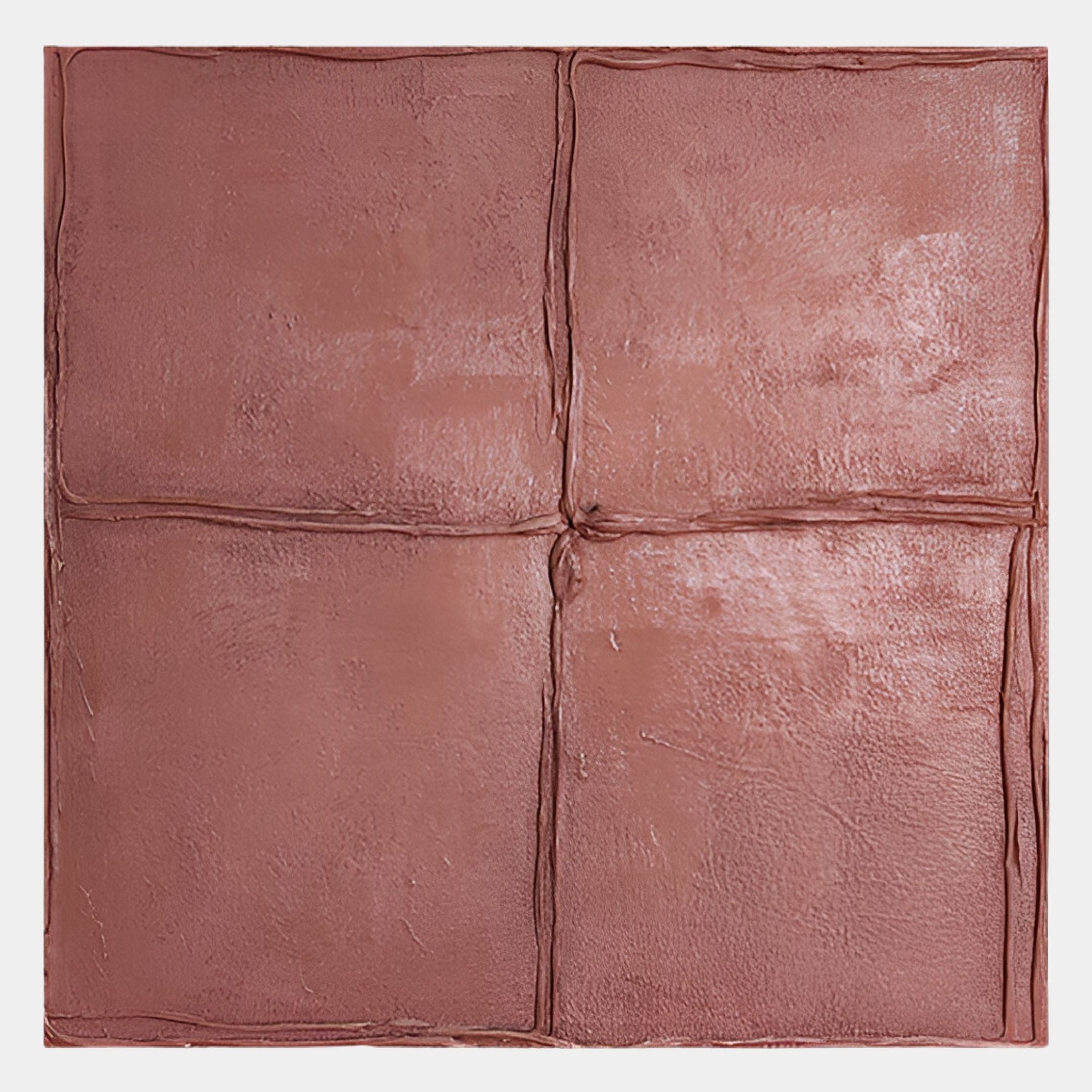 The Terracrecta Rose Painted Textured Square 3D Wall Art by Giant Sculptures features four reddish-brown, clay-like panels with raised seams—ideal for wabi-sabi decor.