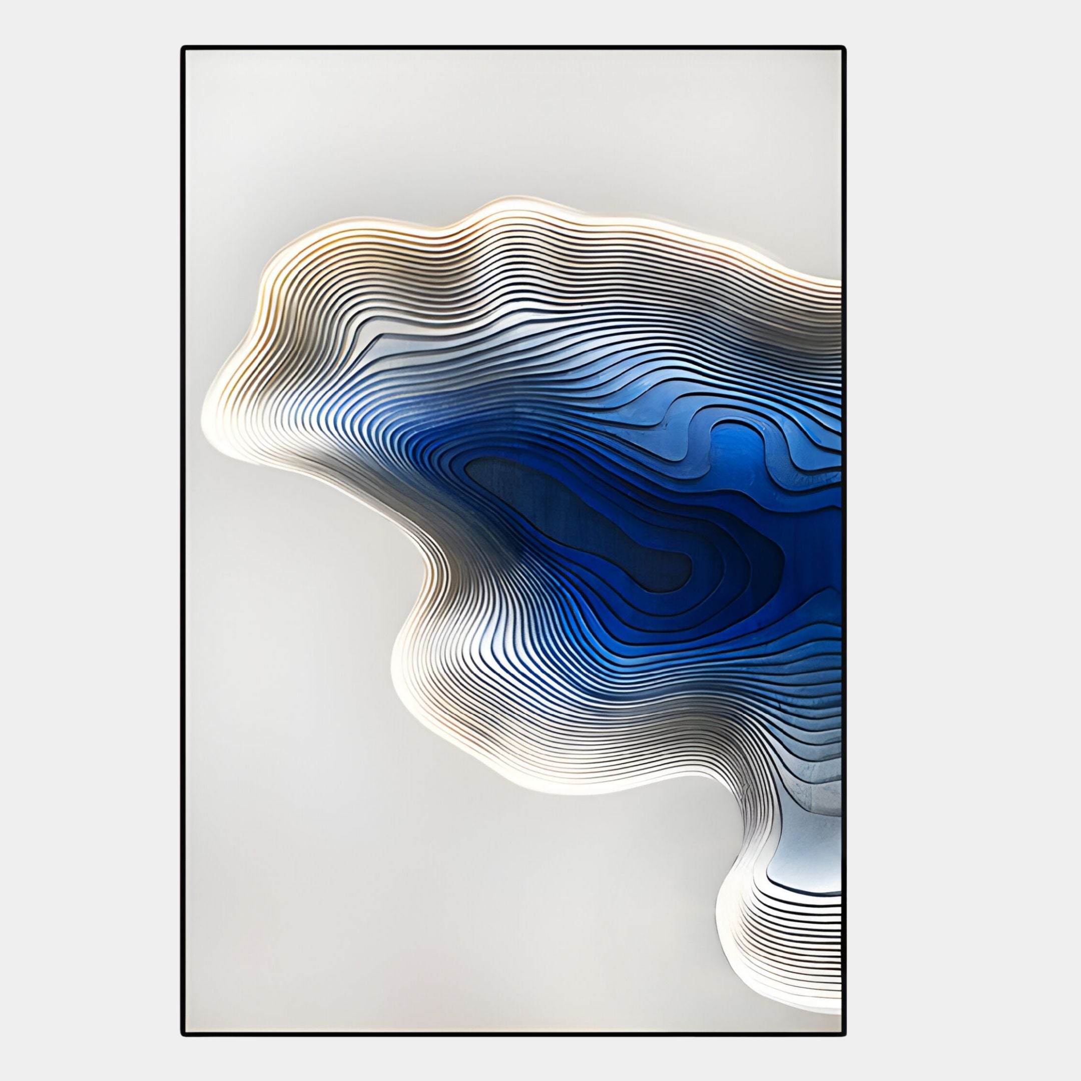 Stratona Blue Contour Layered Wood Relief 3D Wall Art by Giant Sculptures features wavy white, gray, and deep blue lines forming an organic, cloud-like shape, creating modern topographic-inspired wall decor.