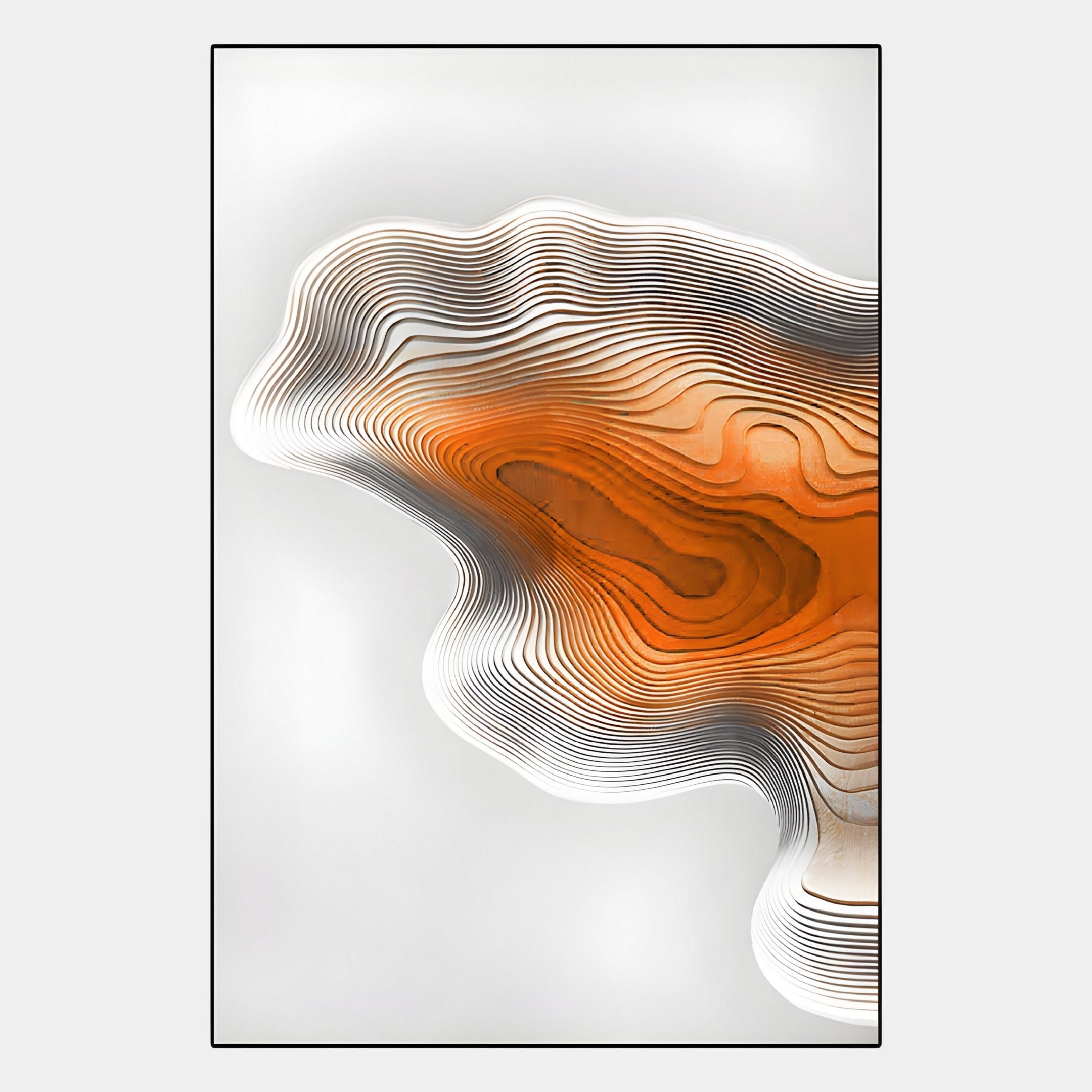The Stratona Orange Contour Layered Wood Relief 3D Wall Art by Giant Sculptures features wavy black and white lines with orange and brown accents, creating a topographical effect on a light gray background.