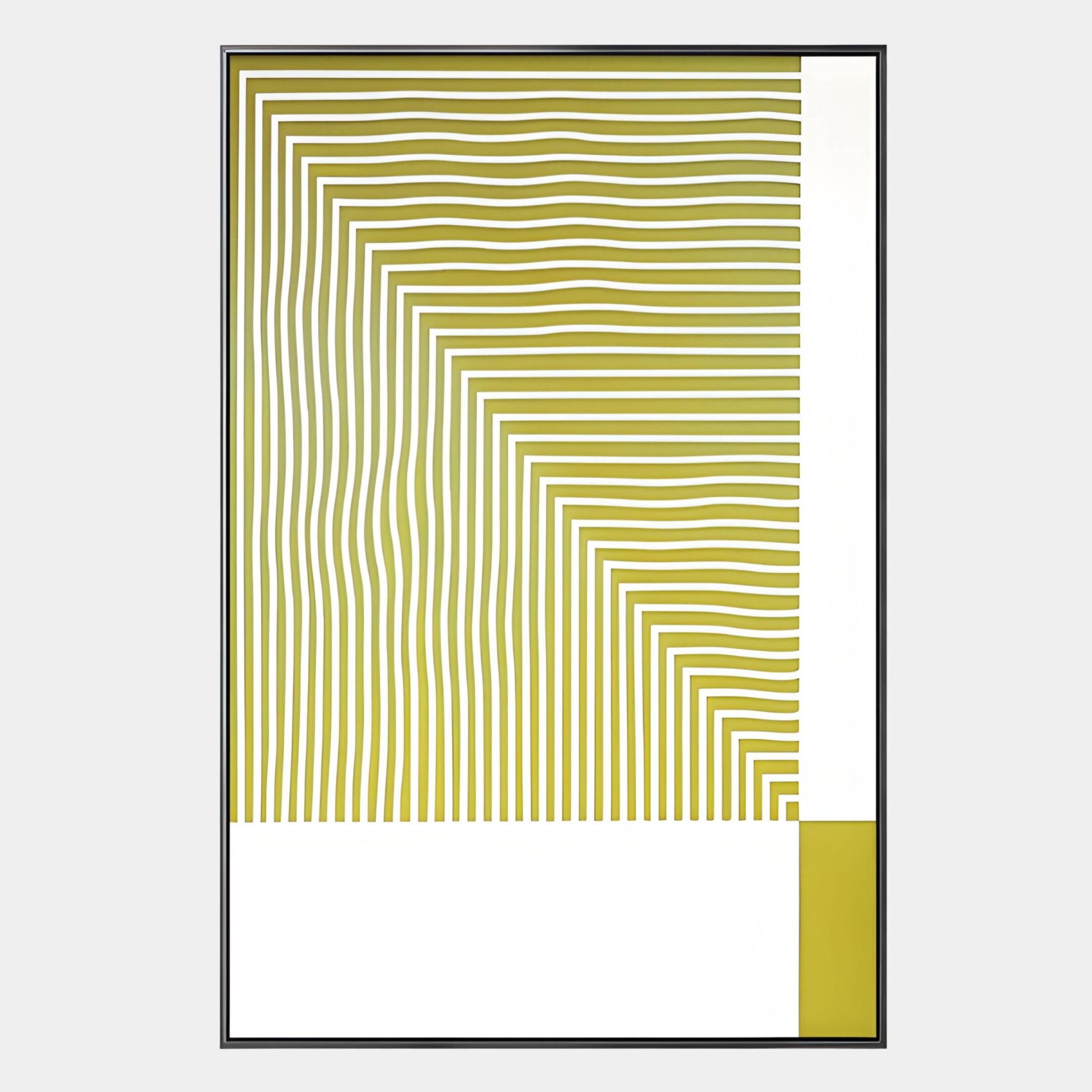The Linscape Yellow Linear Wood Relief 3D Wall Art by Giant Sculptures features wavy yellow lines and a geometric design, with a solid yellow rectangle accent, adding striking dimension to any space.