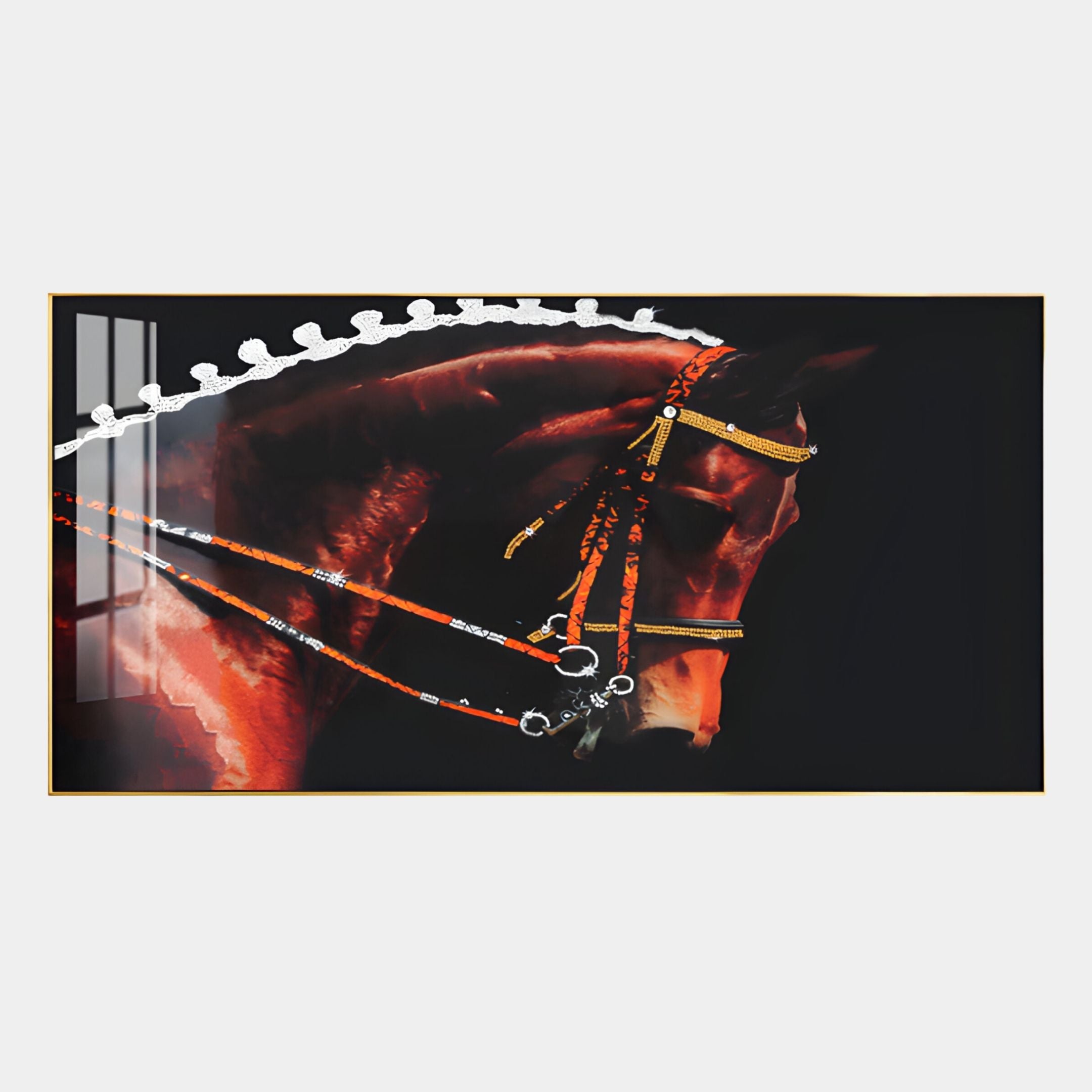 The Giant Sculptures Auravalor Red Stallion Crystal Porcelain 3D Wall Art features a horse's head with orange and white bridle accents on a dark background, plus a reflective window on the left side of the crystal porcelain glass.