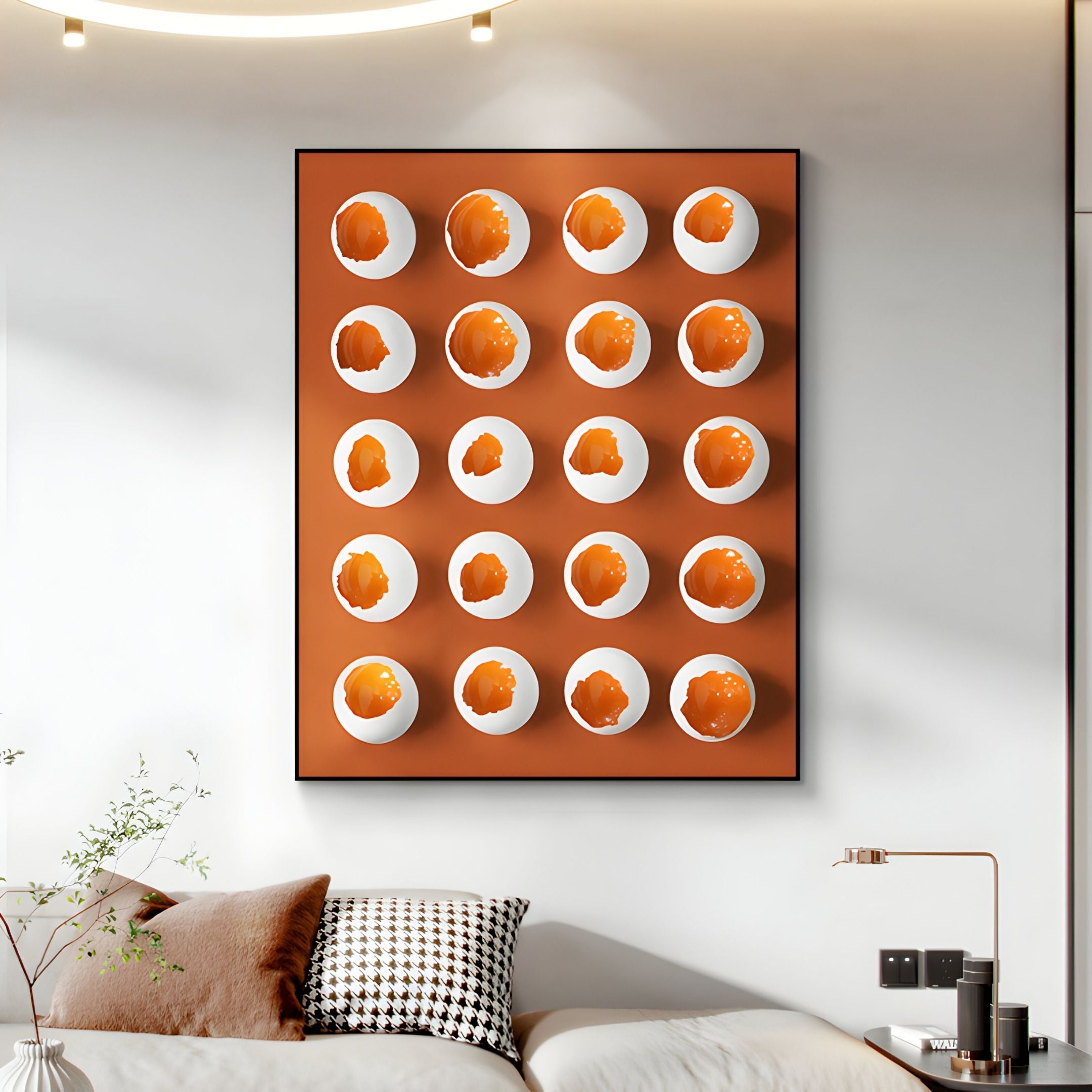 A modern living room with Nordic style features the Orbivelle White & Amber Patch Sphere Panel 3D Wall Art by Giant Sculptures above a beige sofa with patterned pillows, showcasing a grid of white spheres and amber accents on an orange background.