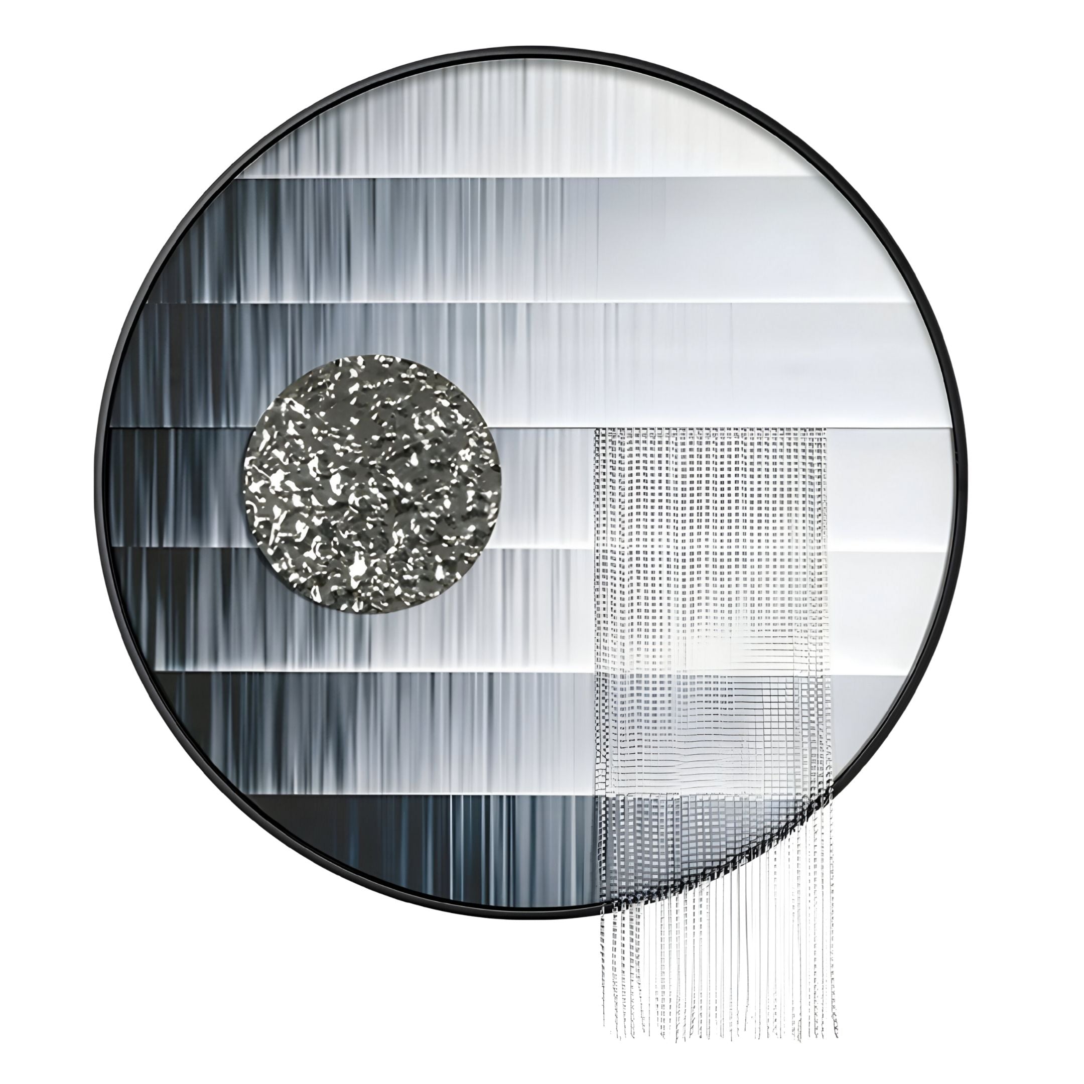 The Lunastria Silver Disc & Vertical Crystal Beads Round 3D Wall Art by Giant Sculptures features horizontal grayscale stripes, a textured left disc, and vertical crystal beads on the lower right for a modern silver look.