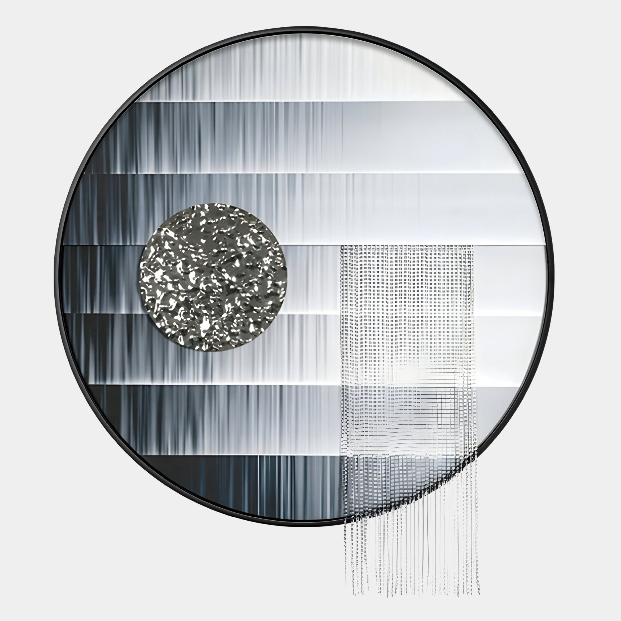 Lunastria Silver Disc & Vertical Crystal Beads Round 3D Wall Art featuring charcoal-to-silver gradient bands, a hammered silver disc, and cascading crystal bead strands in a brushed aluminium circular frame on a light background.