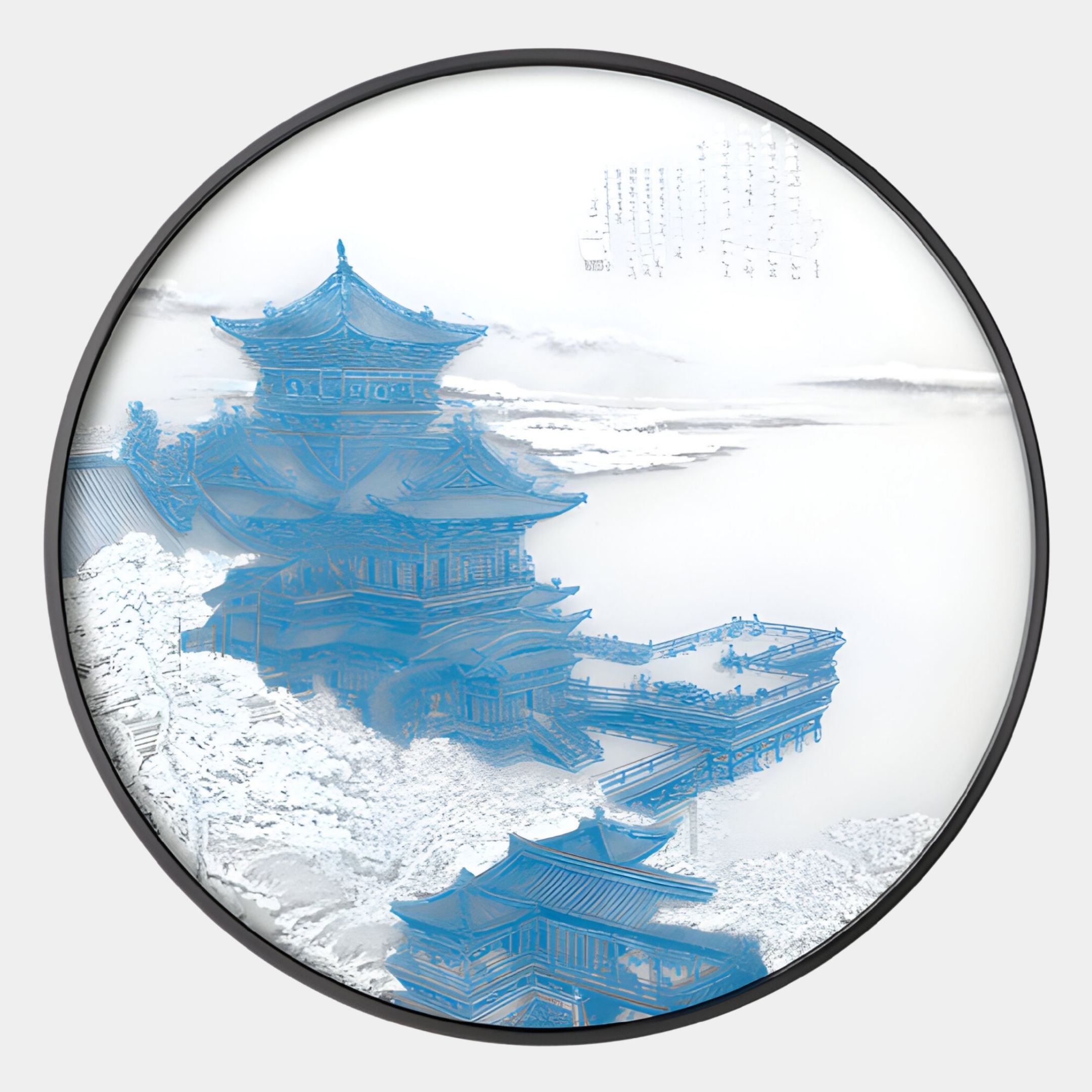 The Yunsei Blue Temple Ridge Round Silk Relief 3D Wall Art by Giant Sculptures features a blue-lined Japanese temple against a misty white background with faint calligraphy, creating a serene, ethereal ambiance.