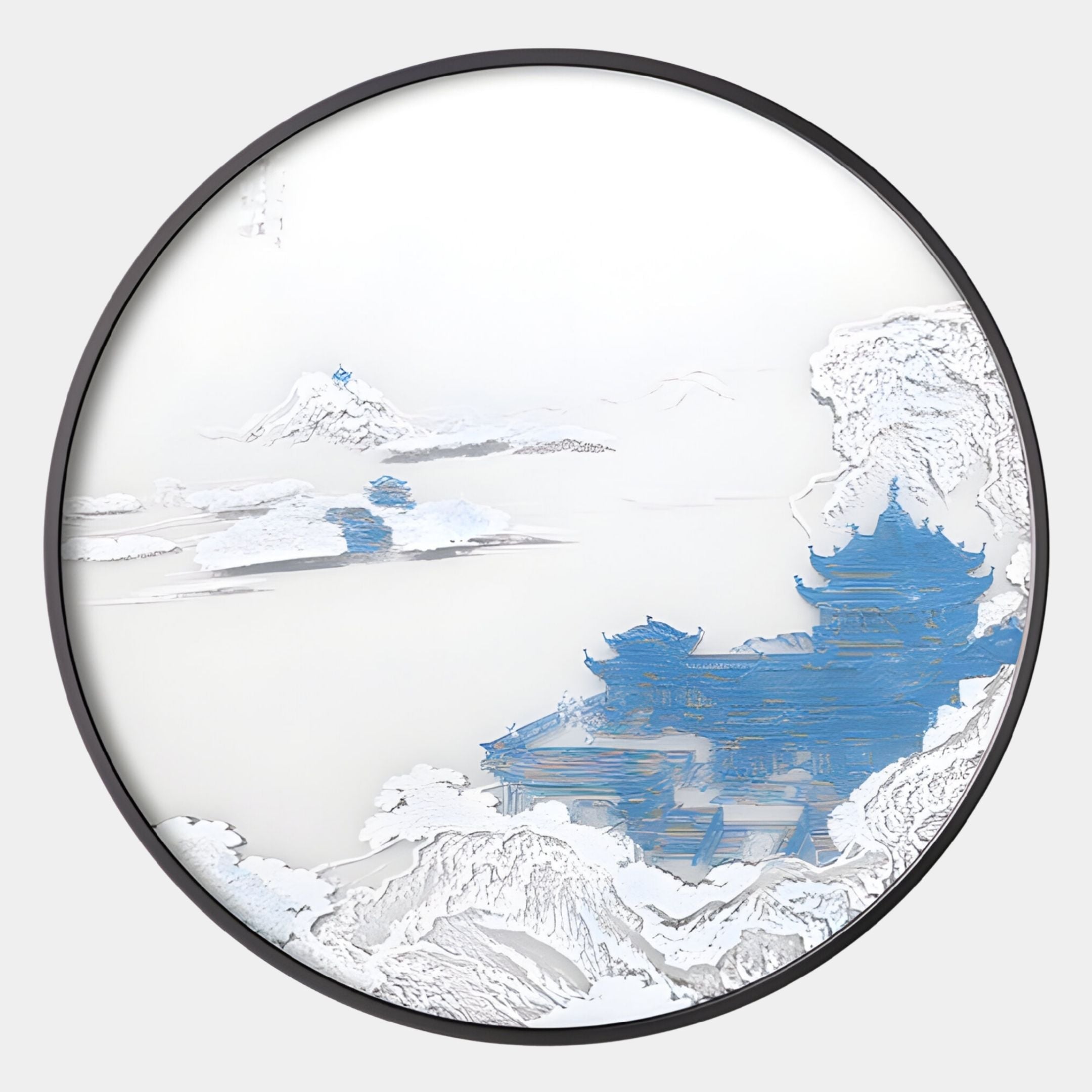The Yunsei Misty Pavilion Vista Round Silk Relief 3D Wall Art by Giant Sculptures features layered cut-outs of blue and white Asian-style buildings and mountains, creating a serene, misty landscape for your wall.