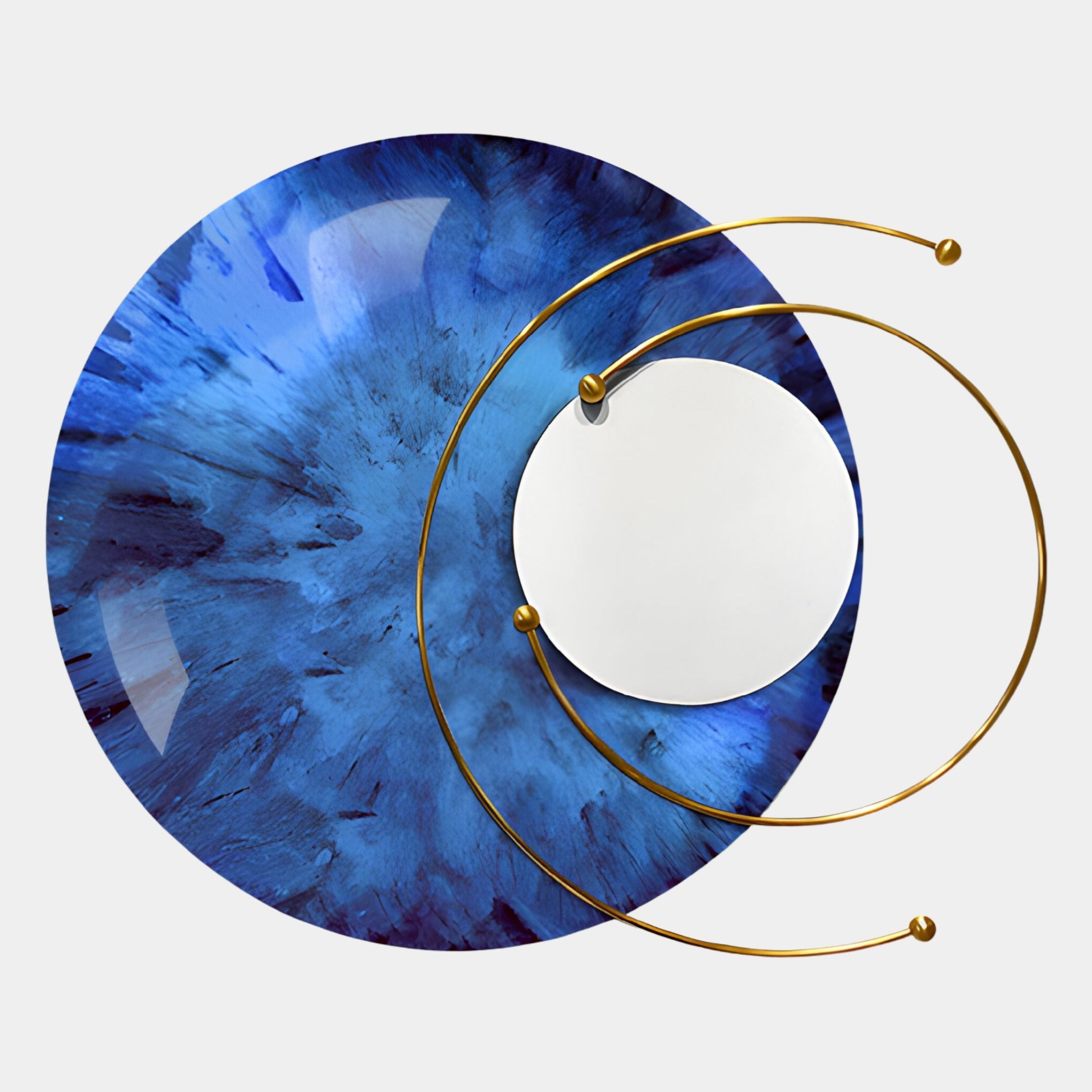 The Aurelios Midnight Blue Crystal Porcelain & Gold Orbit 3D Wall Art by Giant Sculptures features a large blue marbled disk, a white circle, and sleek gold arcs with spheres—an elegant sculptural wall decor against crisp white.