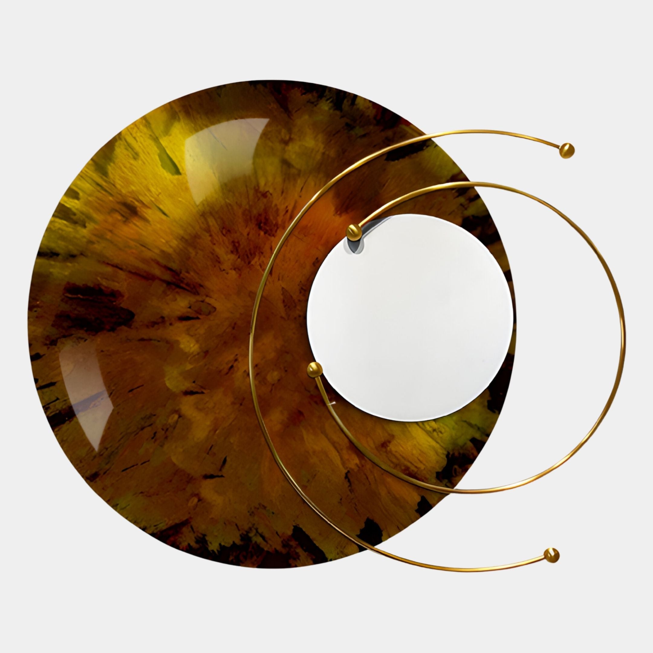 Aurelios Amber Crystal Porcelain & Gold Orbit 3D Wall Art by Giant Sculptures features a glossy amber and brown marble disc with a mirror, overlaid by two gold arcs—an abstract accent for modern spaces.