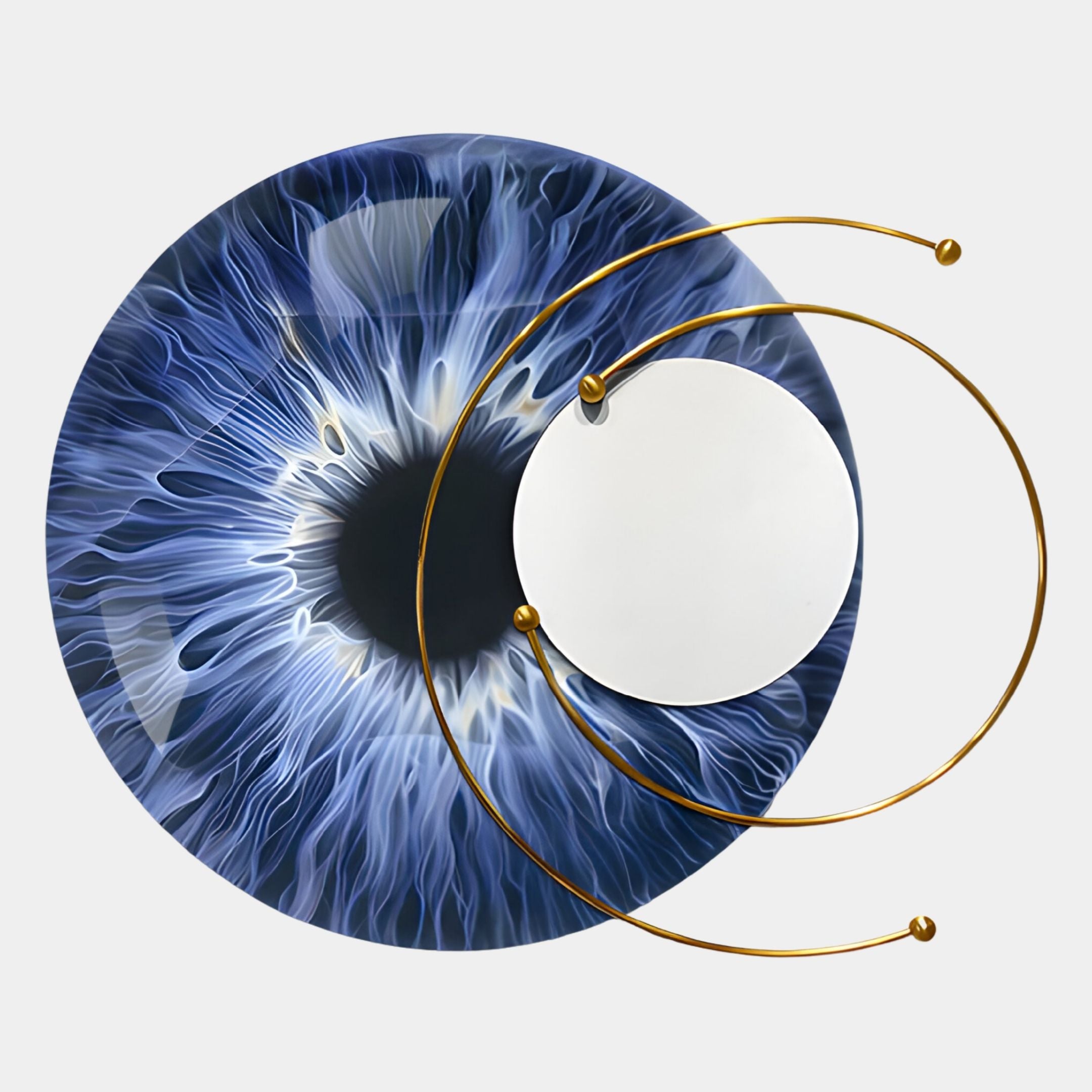 The Aurelios Sapphire Iris Crystal Porcelain & Gold Orbit 3D Wall Art by Giant Sculptures features a circular blue and black sapphire iris design, accented with thin gold rods and a small round mirror for a striking effect.