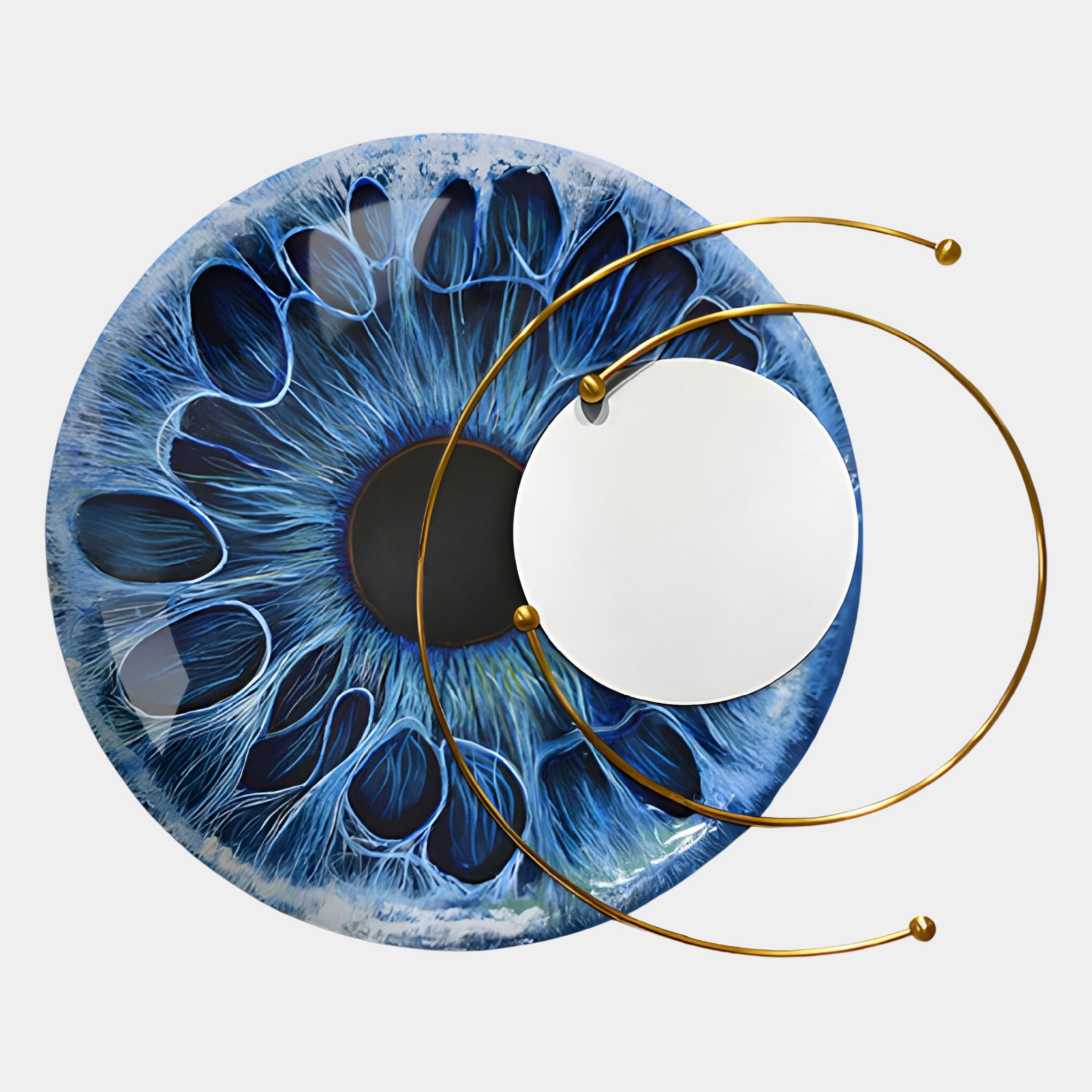 Add elegance to your space with the Aurelios Oceanic Halo Crystal Porcelain & Gold Orbit 3D Wall Art by Giant Sculptures, featuring a detailed blue iris, gold circular metal bars, and an overlapping round mirror for a stunning 3D effect.
