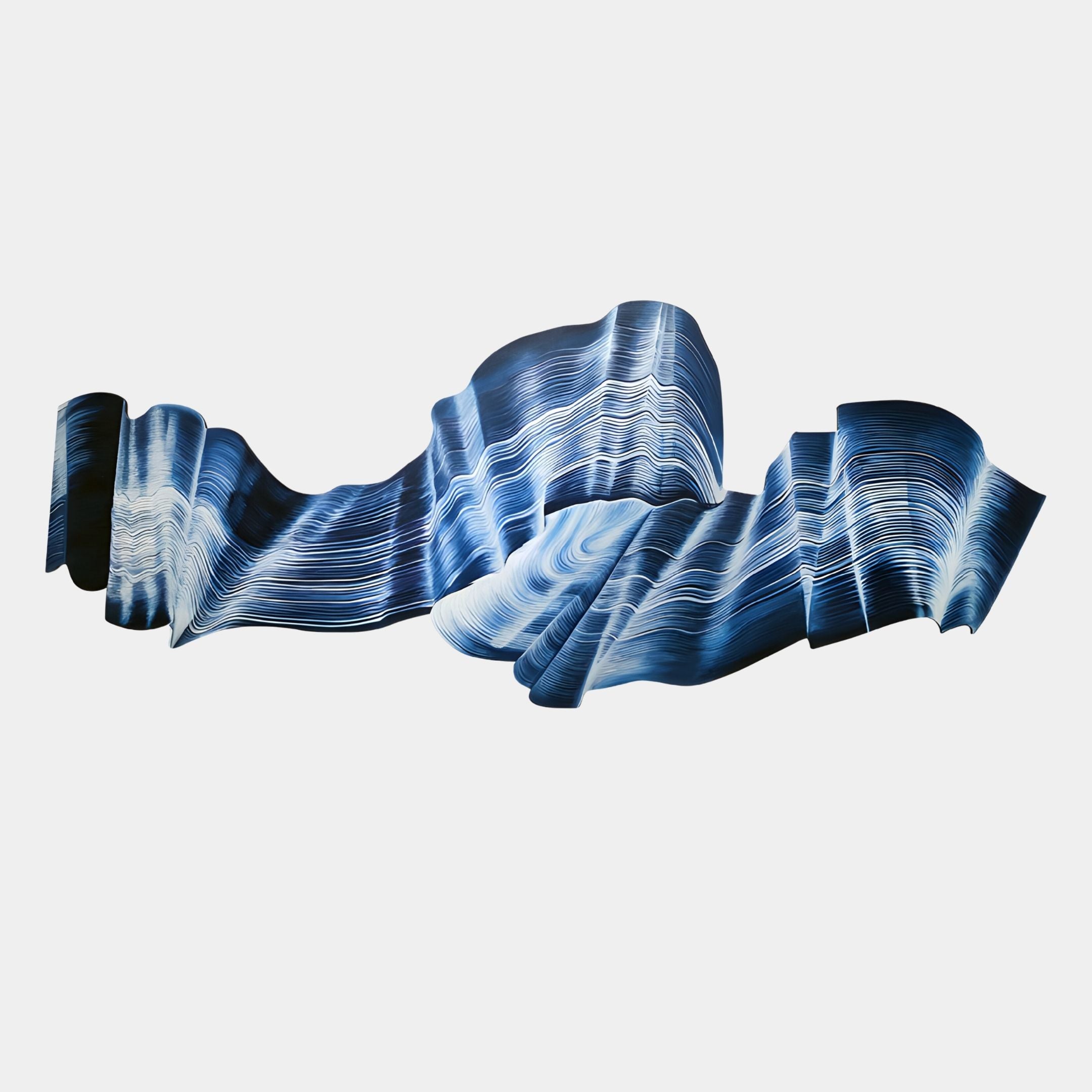 Vellun Wave Midnight Blue Sculptural 3D Wall Art by Giant Sculptures features abstract, wavy ribbon forms in blue and white on a white background, evoking flowing movement and layered texture for a modern wall statement.