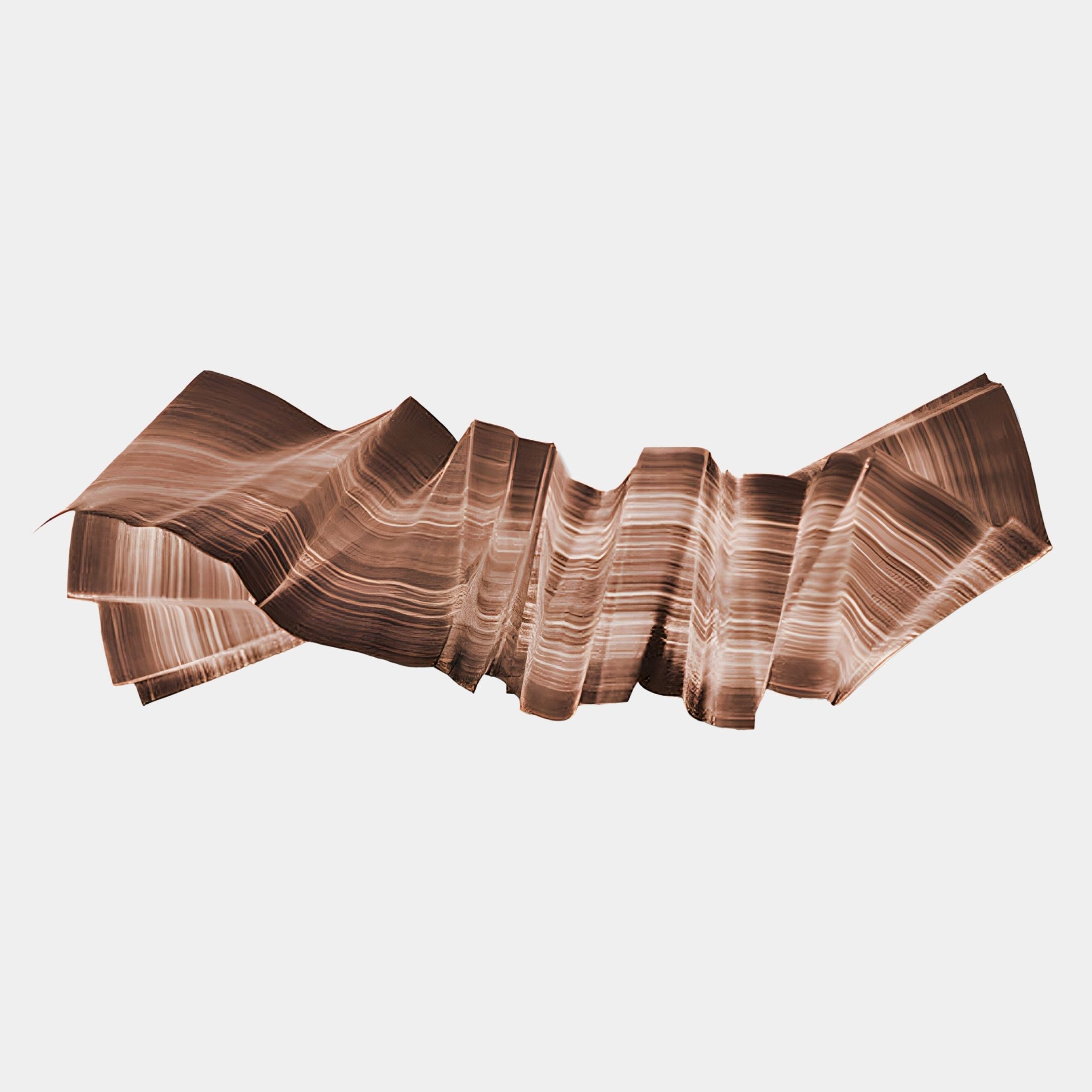 Vellun Wave Copper Flow Sculptural 3D Wall Art by Giant Sculptures features layered, wavy brown and beige stripes resembling folded paper, perfect for contemporary interiors and set against a plain white background.