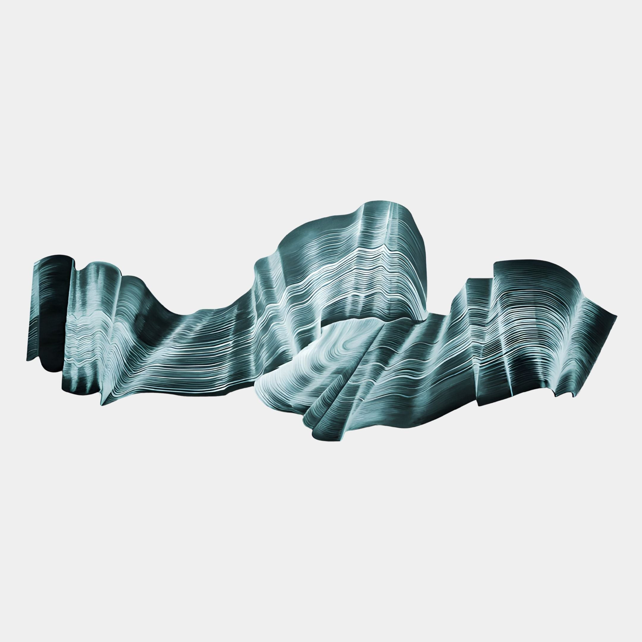 Giant Sculptures' Vellun Wave Teal Mist Sculptural 3D Wall Art features abstract wavy, layered teal and white lines resembling folded fabric or topographic contours on a plain white background.