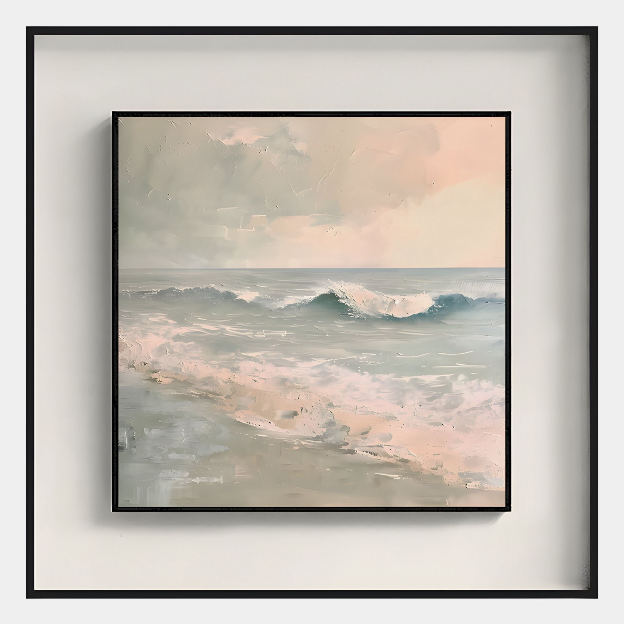 The Tidalume I Soft Dawn Shoreline Double Framed Wall Art by Giant Sculptures features a serene seascape in muted blue, pink, and beige tones, making it a calming modern coastal accent for any room.
