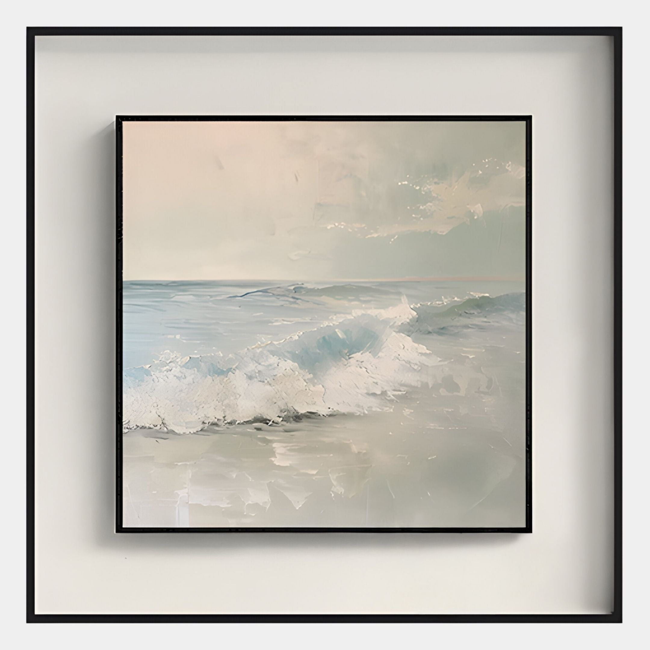 The Giant Sculptures Tidalume II Soft Dawn Shoreline Double Framed Wall Art features gentle ocean waves and a pale sky in soft blue, white, and beige tones—ideal modern coastal decor for creating a serene atmosphere.