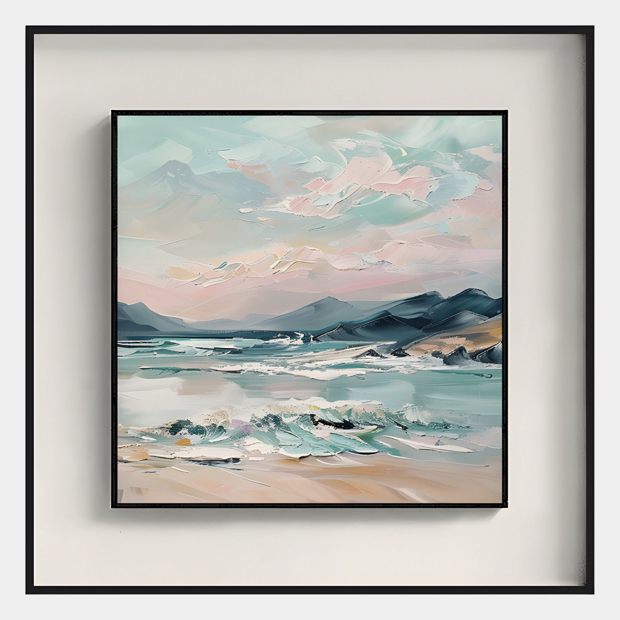 The Marilline I Calm Coastal View Double Framed Wall Art by Giant Sculptures features a serene seaside landscape with waves, sandy shore, distant mountains, and a pastel sky in soft pink, blue, and turquoise tones.