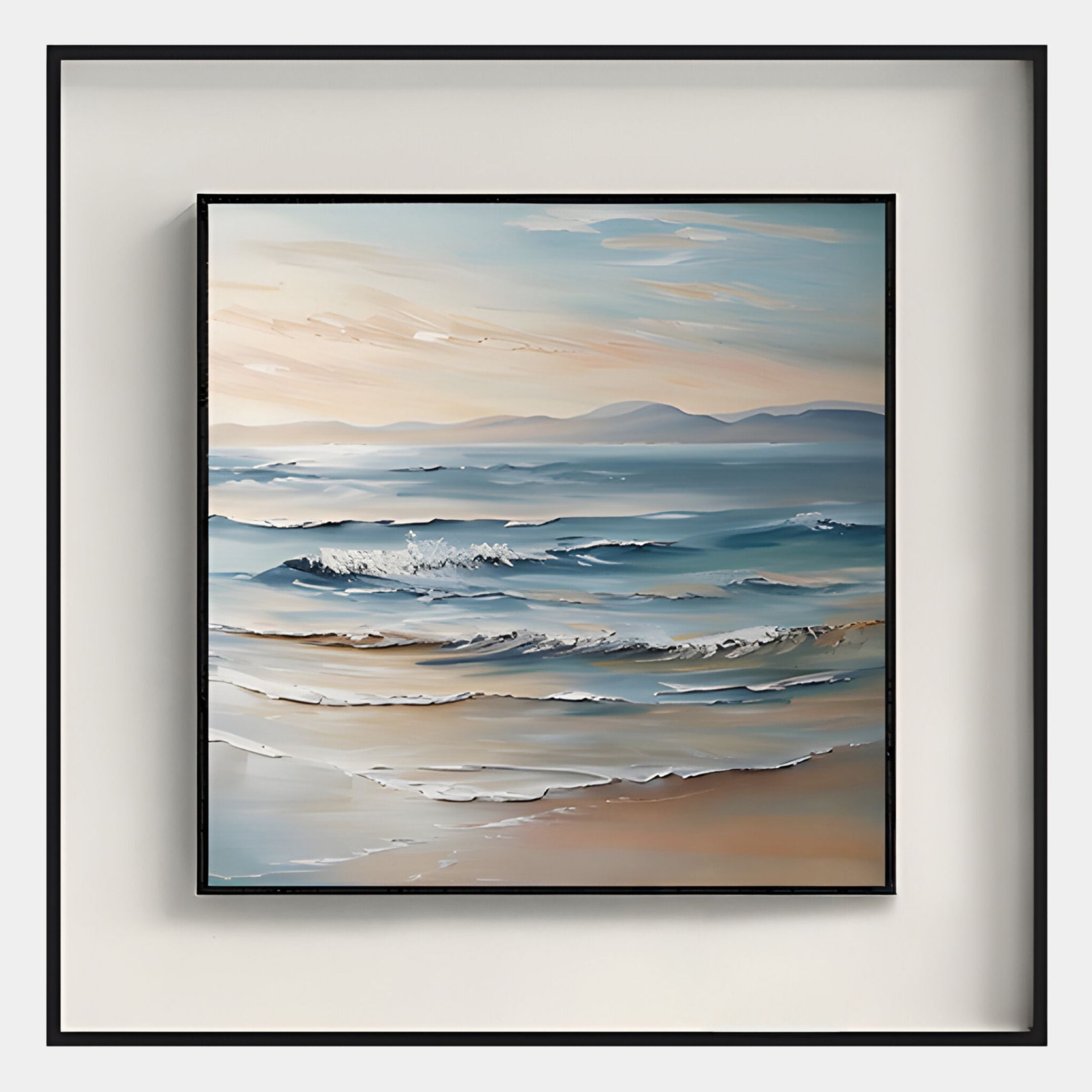 The Marilline III Calm Coastal View Double Framed Wall Art by Giant Sculptures features gentle ocean waves on a sandy shore beneath a pastel sky with distant mountains, depicted in soft colors and textured brushstrokes for a serene seascape.