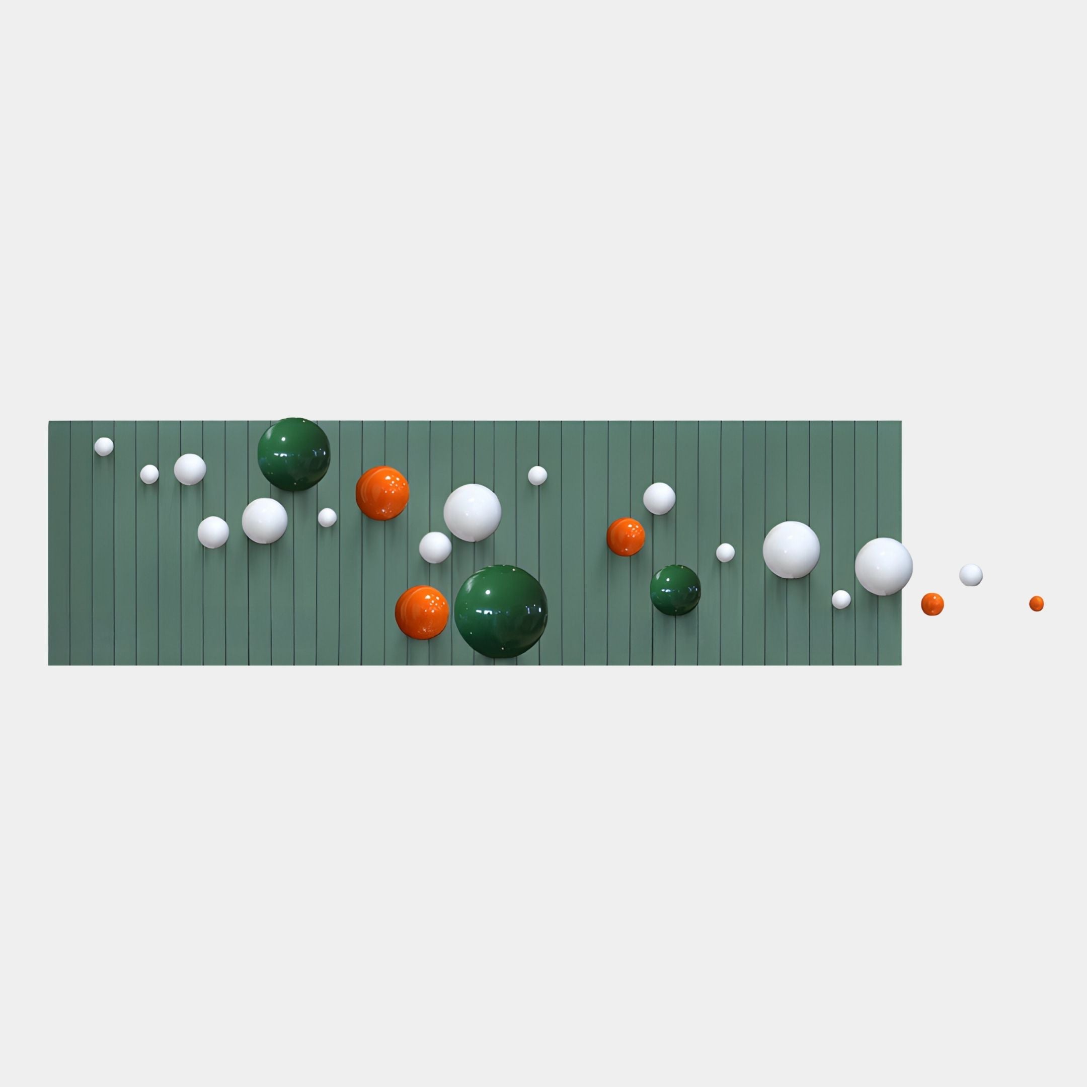 The Orbivance Green, White & Orange Sphere Panel 3D Wall Art by Giant Sculptures features vertical grooves and a flowing arrangement of green, white, and orange spheres for striking sculptural wall decor.