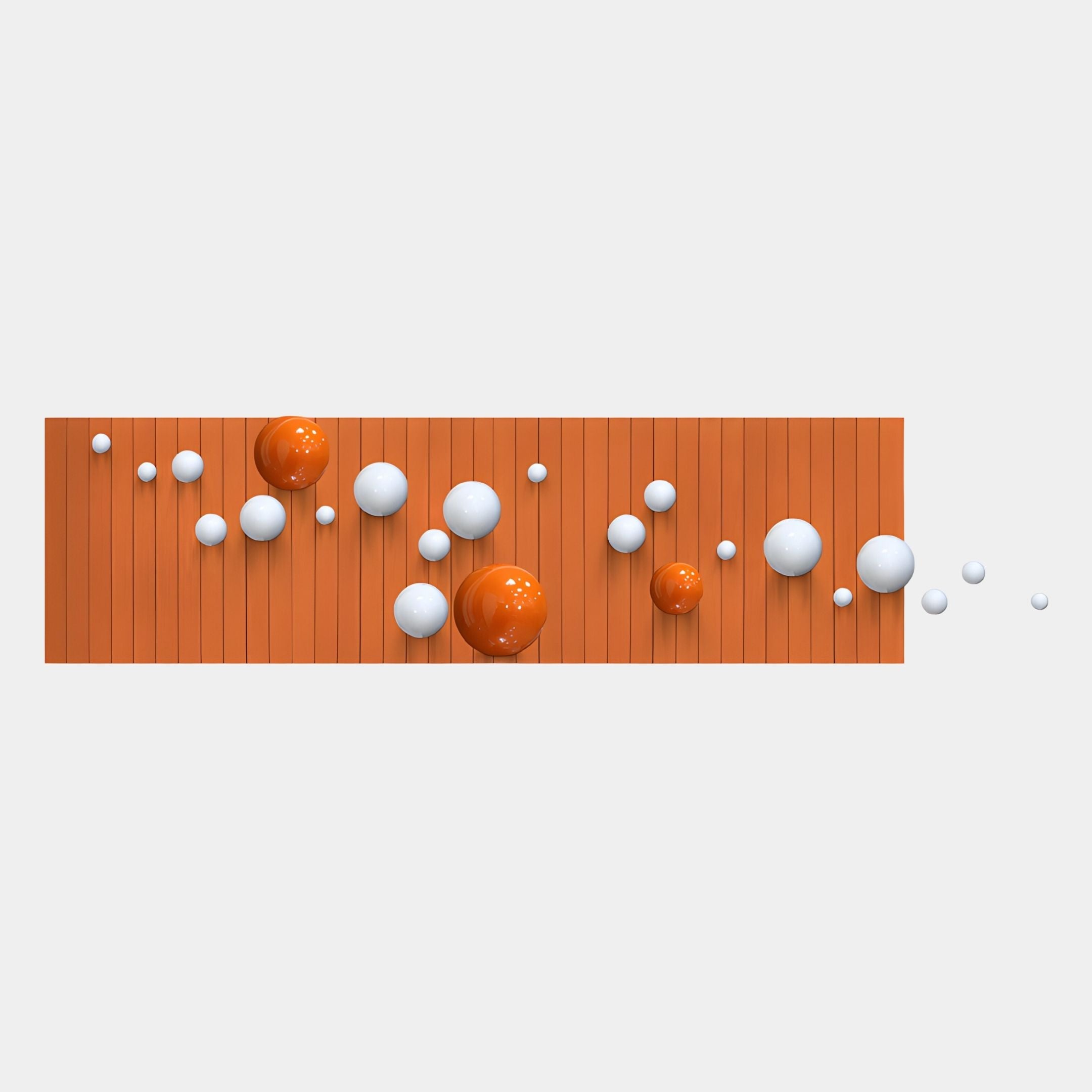 The Orbivance Orange & White Sphere Panel 3D Wall Art by Giant Sculptures features rectangular orange leather with evenly spaced vertical lines and sculptural orange and white spheres arranged in a flowing, dimensional pattern.