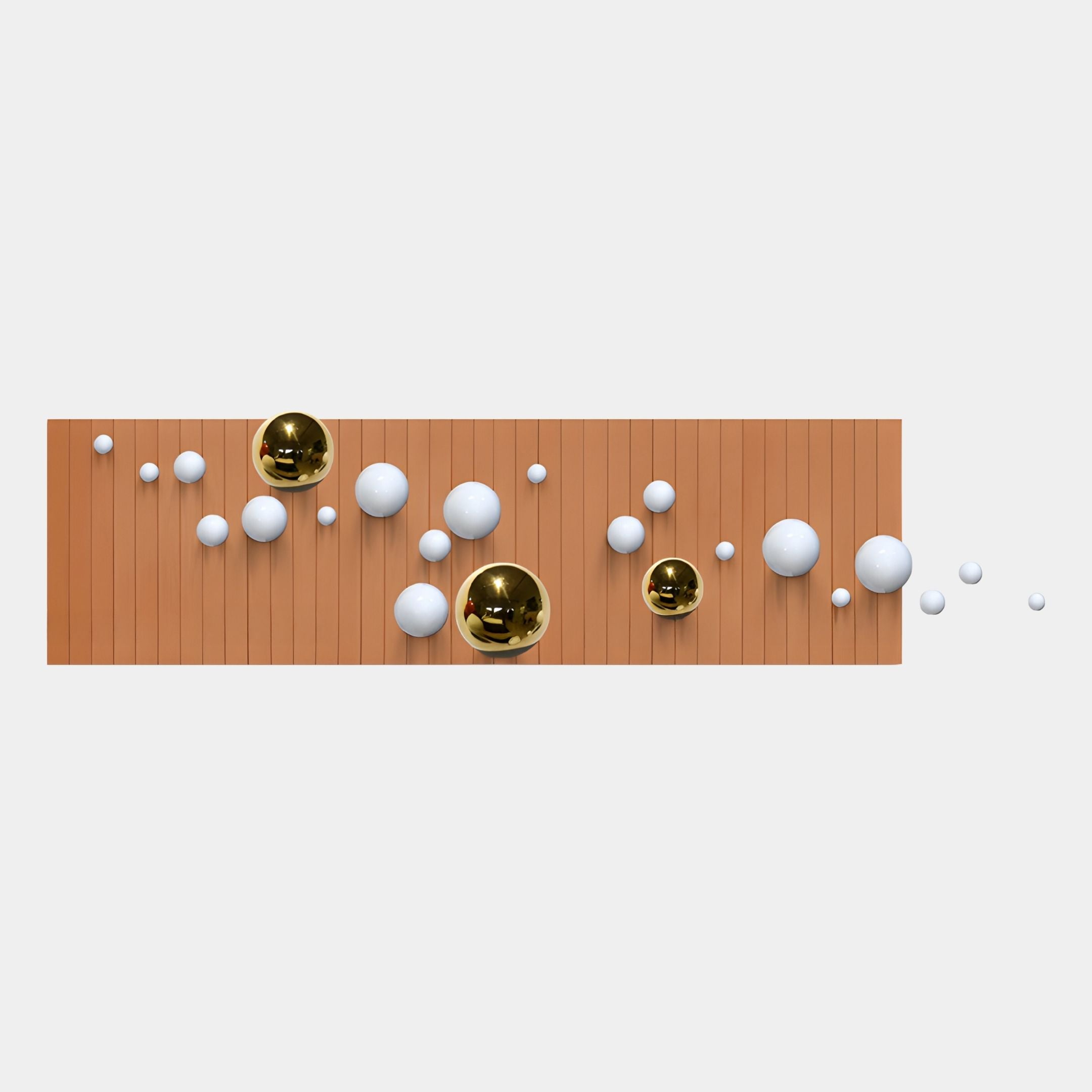 The Orbivance Amber, Gold & White Sphere Panel 3D Wall Art by Giant Sculptures is a rectangular wooden panel with vertical grooves and clusters of white and gold spheres in various sizes arranged artistically across its surface.