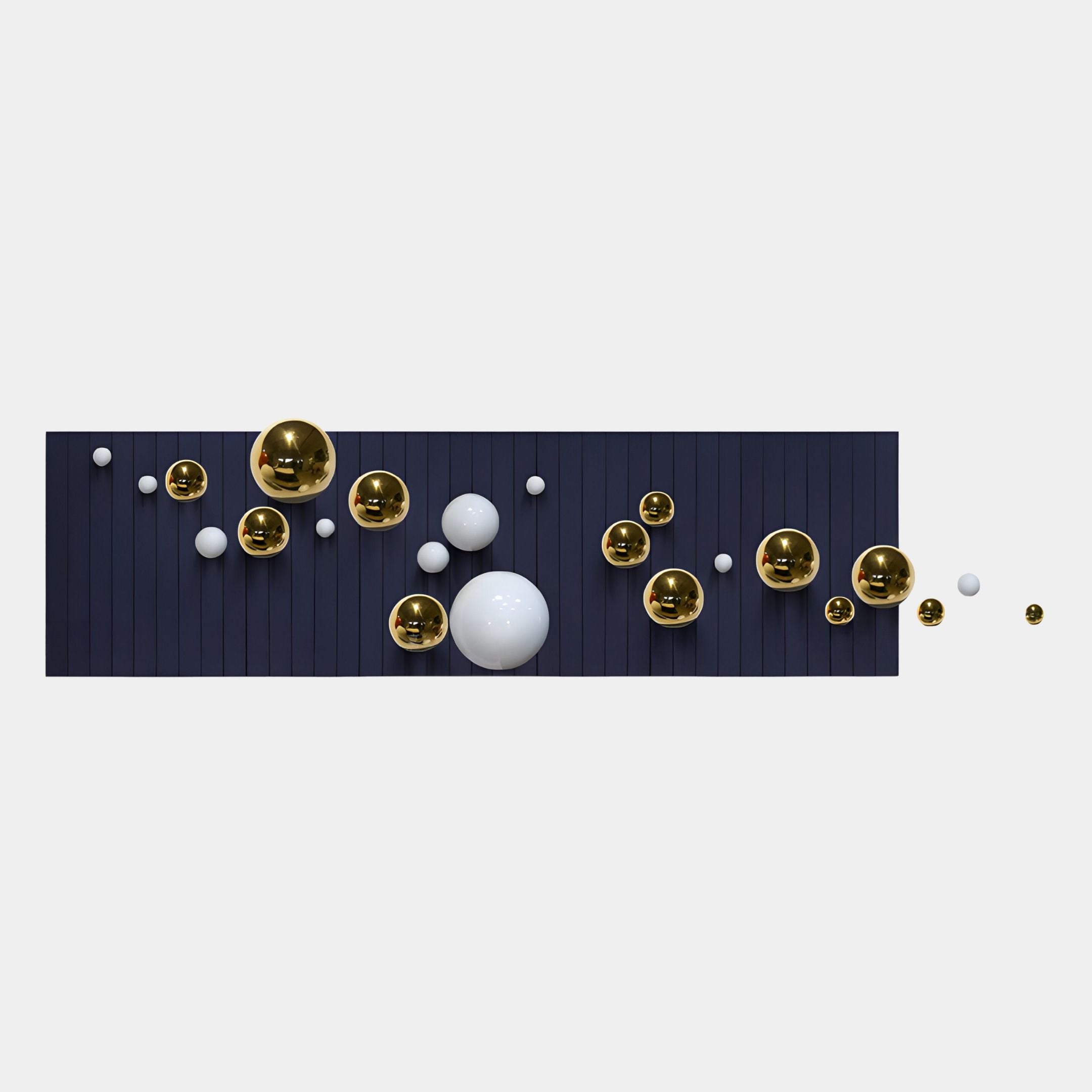 The Orbivance Navy, Gold & White Sphere Panel 3D Wall Art by Giant Sculptures features a modern horizontal panel with raised vertical lines and shiny gold and white spheres in various sizes, creating striking sculptural wall decor.