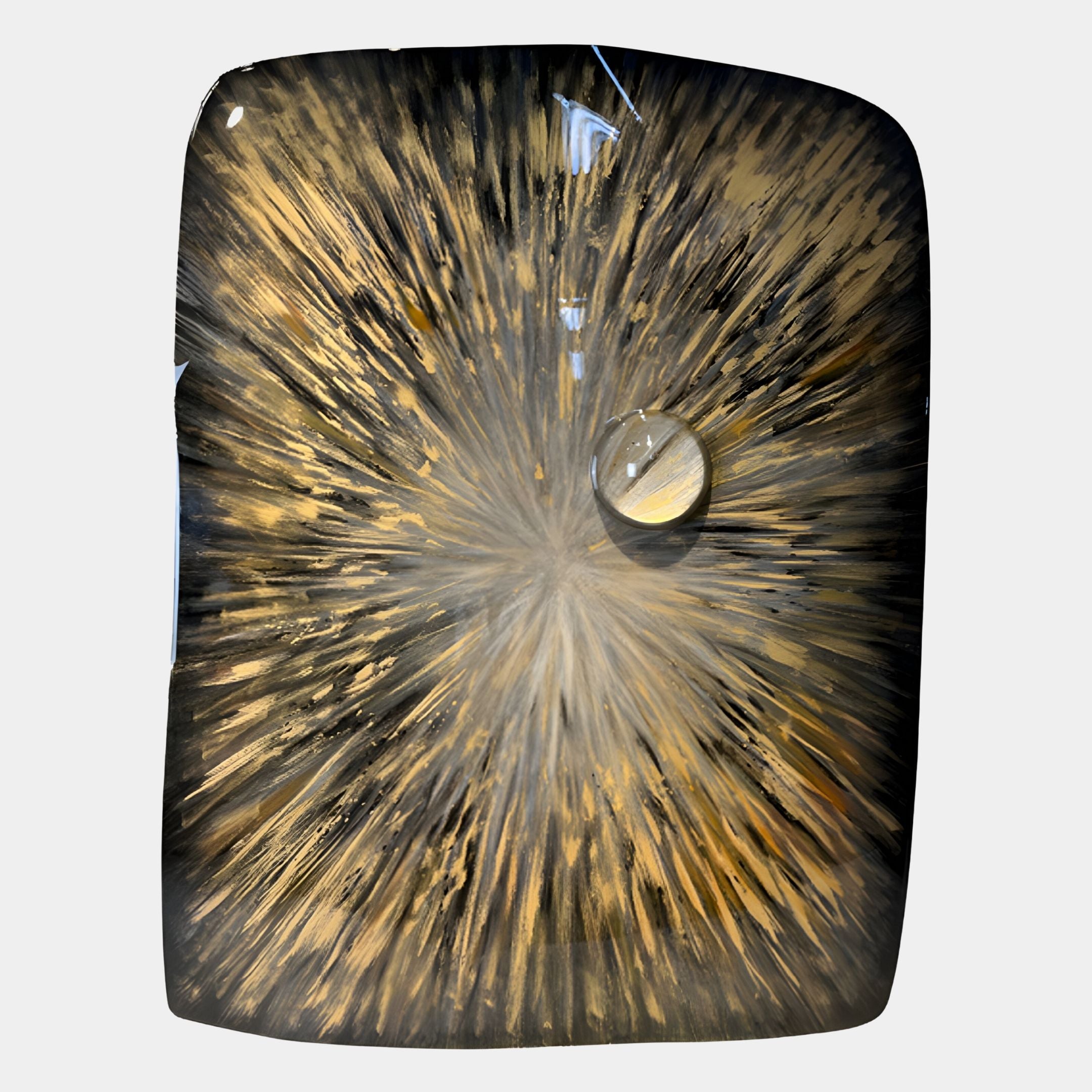 The Solarien Aureate Burst Sculptural 3D Wall Art by Giant Sculptures is a rectangular, hand-painted resin piece with a glossy finish, featuring golden sun-ray bursts and a clear spherical accent near the top right.
