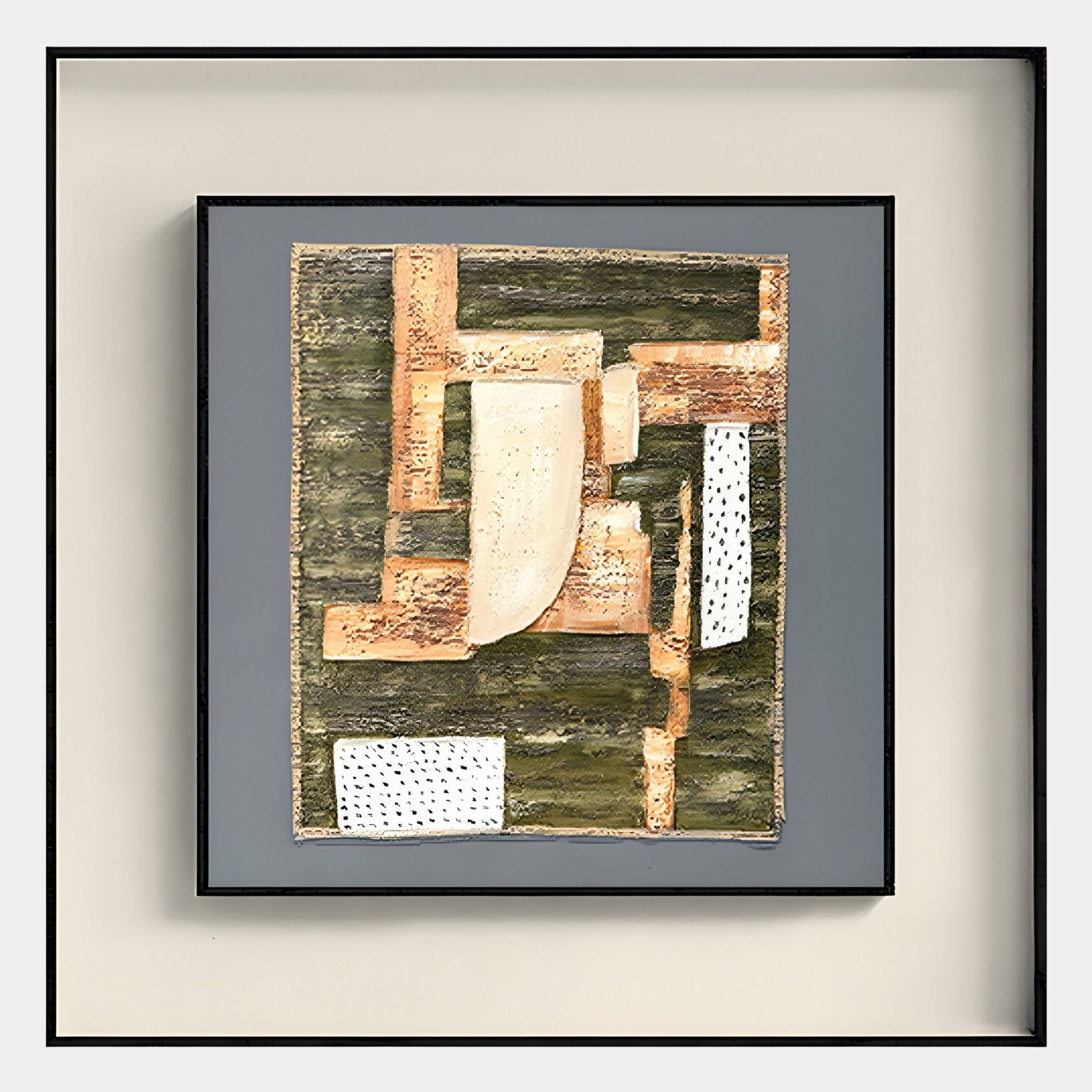 The Terralume Rustic Olive & Sand Textured Framed Wall Art by Giant Sculptures features abstract geometric artwork in beige, gold, and white on textured green with two dotted rectangles bordered by a gray mat for added depth.
