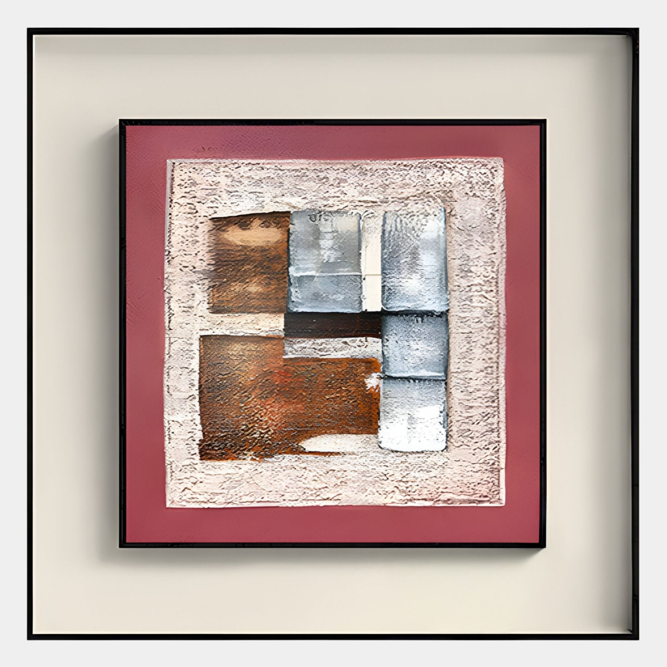 The Giant Sculptures Terralume Rose Clay & Silver Block Textured Framed Wall Art showcases abstract rectangles in brown, white, and gray on a pink and cream textured background, finished with a wide cream mat and slim black frame.