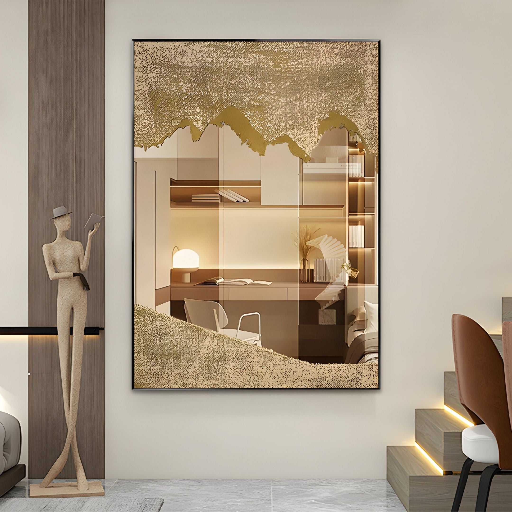 A modern interior showcases the Auritone Gold Textured Steel Mirrored 3D Wall Art by Giant Sculptures above a desk and shelves. A minimalist slender figure sculpture stands nearby, with a staircase featuring illuminated steps on the right.