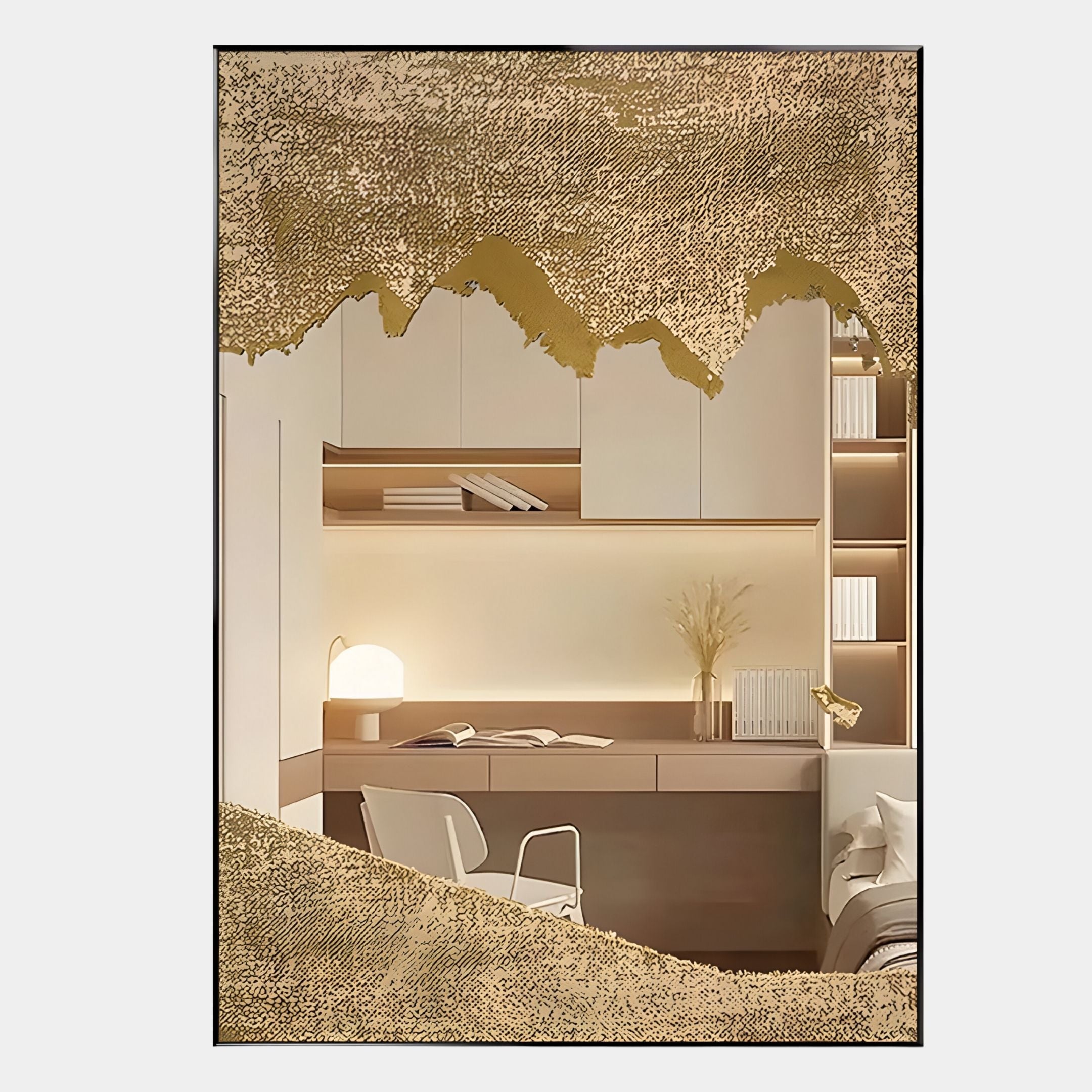A modern home office with a desk, chair, shelves, books, and a lamp is accented by Giant Sculptures' Auritone Gold Textured Steel Mirrored 3D Wall Art, resembling torn paper along the top and bottom edges.