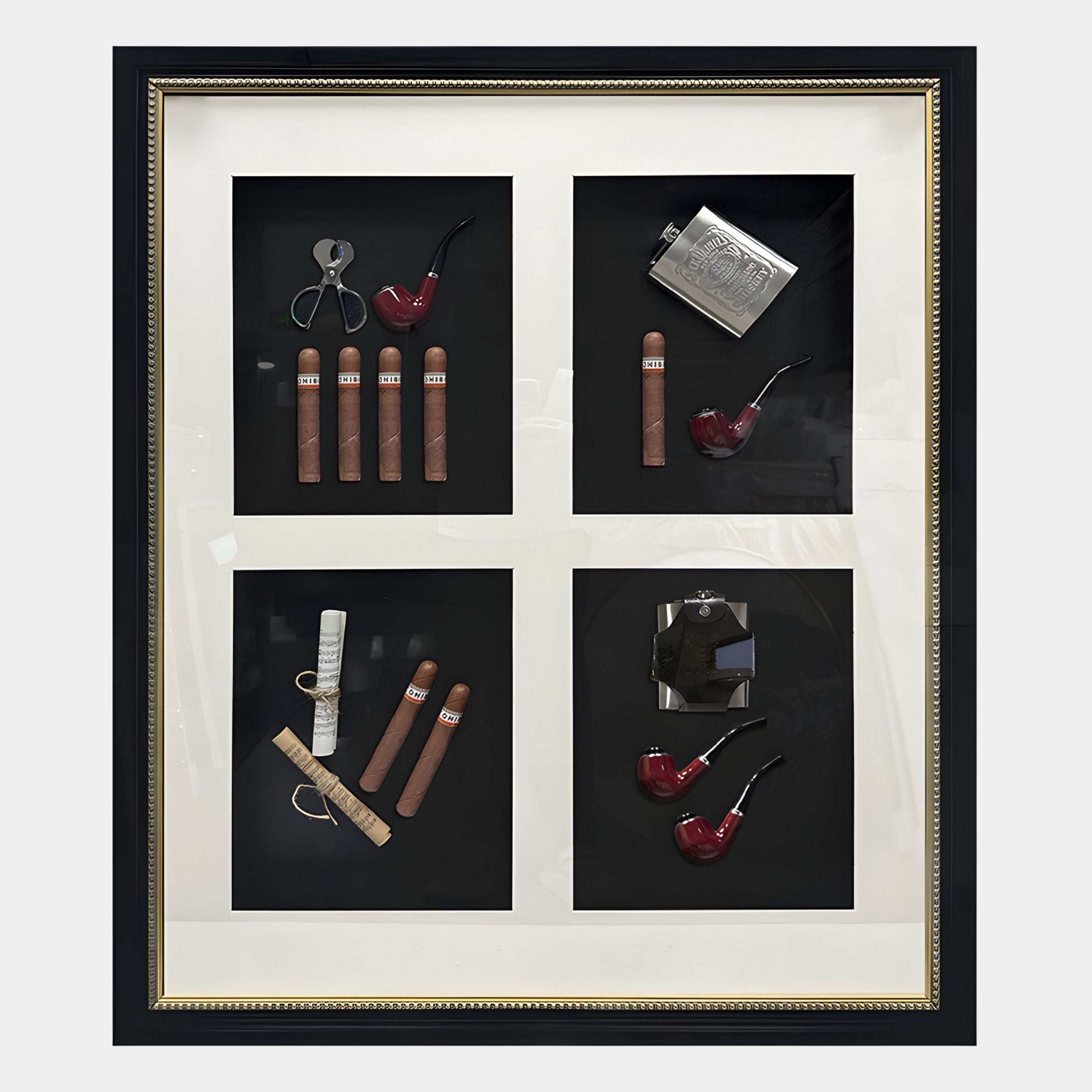 Cavendrix I Gentleman Cigar Set Curated Framed Wall Art by Giant Sculptures features six sections displaying cigars, pipes, cutter, flask, and lighter—all set against a sleek black background.