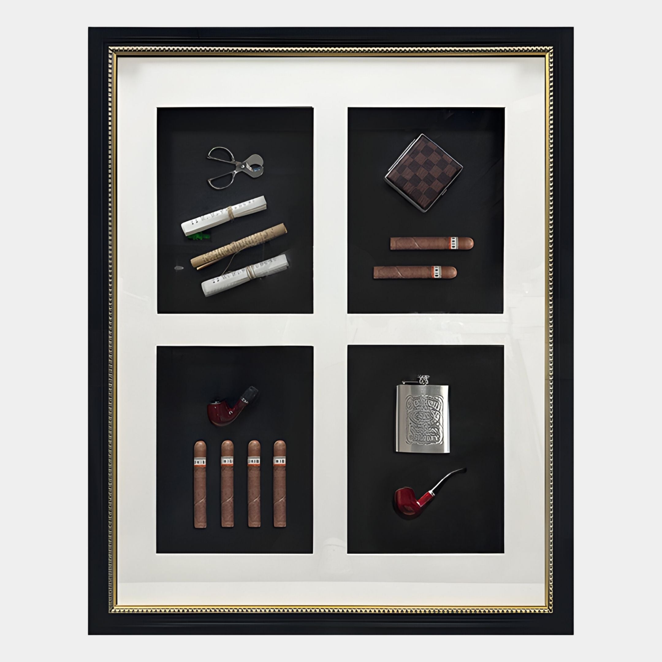 The Cavendrix II Gentleman Cigar Set Curated Framed Wall Art by Giant Sculptures displays cigars, cutters, pipes, and more on a black background with a white mat and Italian-style wood frame.