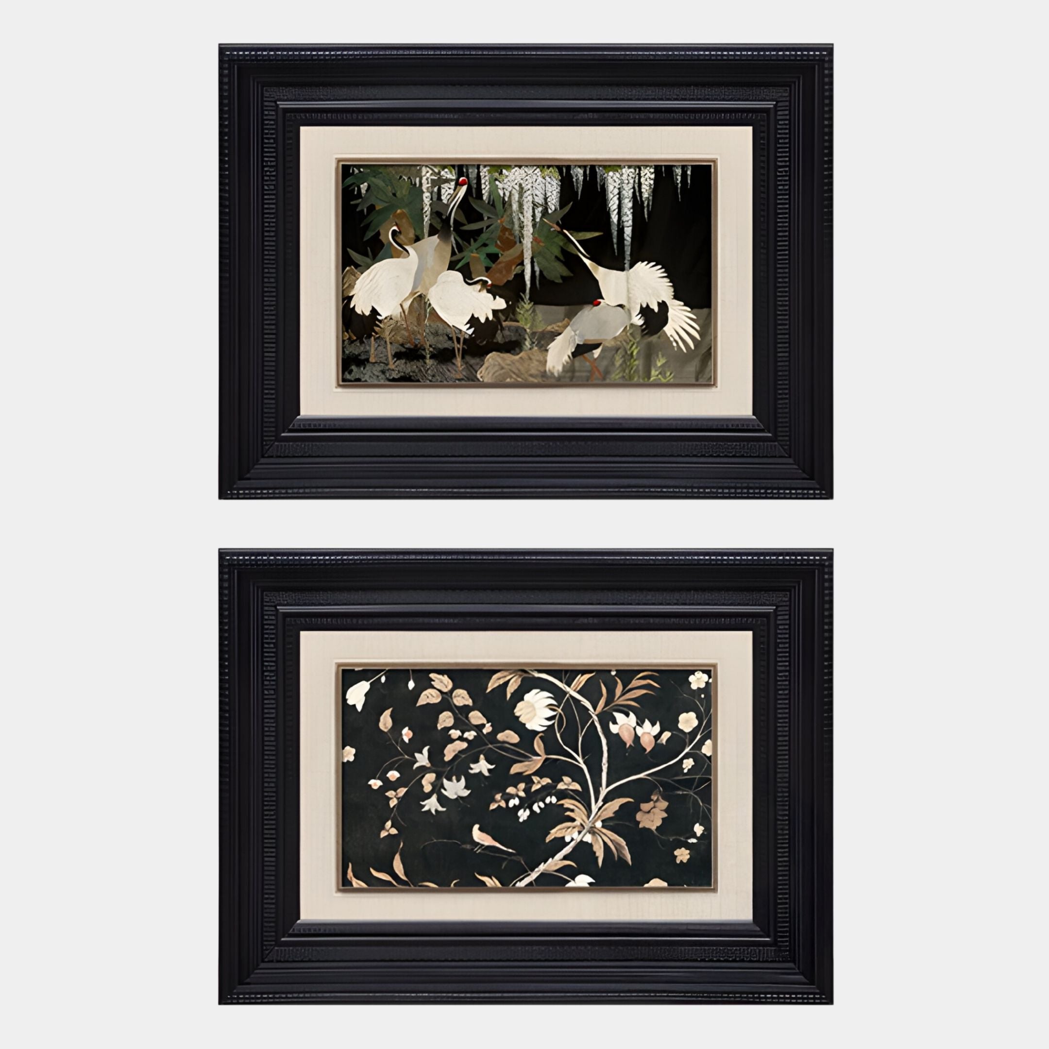 The Kansora Woodland & Floral Nature 2-Set Framed Wall Art by Giant Sculptures features one print with white cranes among trees and another with pale blooms on a dark background, both in black frames with beige mats.